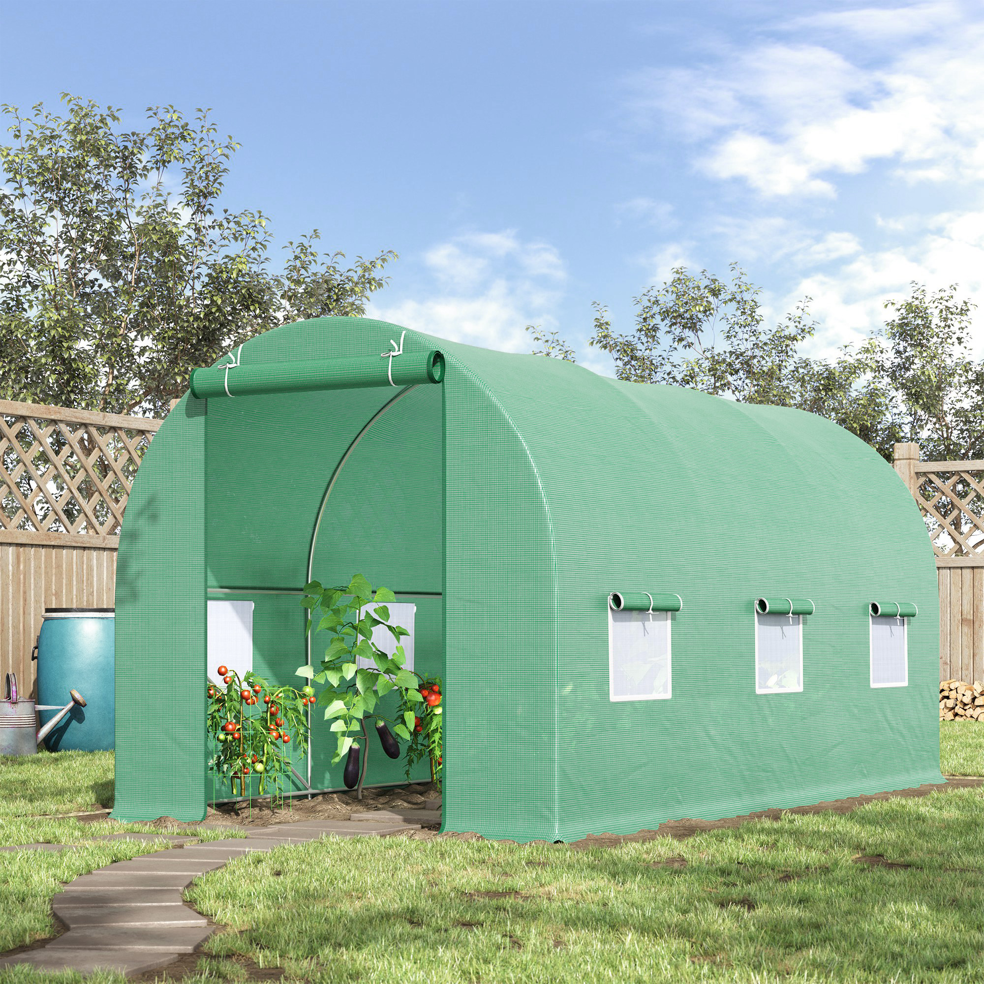 Gewächshaus 445x190x200cm Foliengewächshaus Tomatenhaus Tür mit Moskitonetz, Fenster, Folientunnel aus verzinktem Stahl, stabiles Pflanztunnel, Treibhaus inkl. Erdanker Seilen, Grün