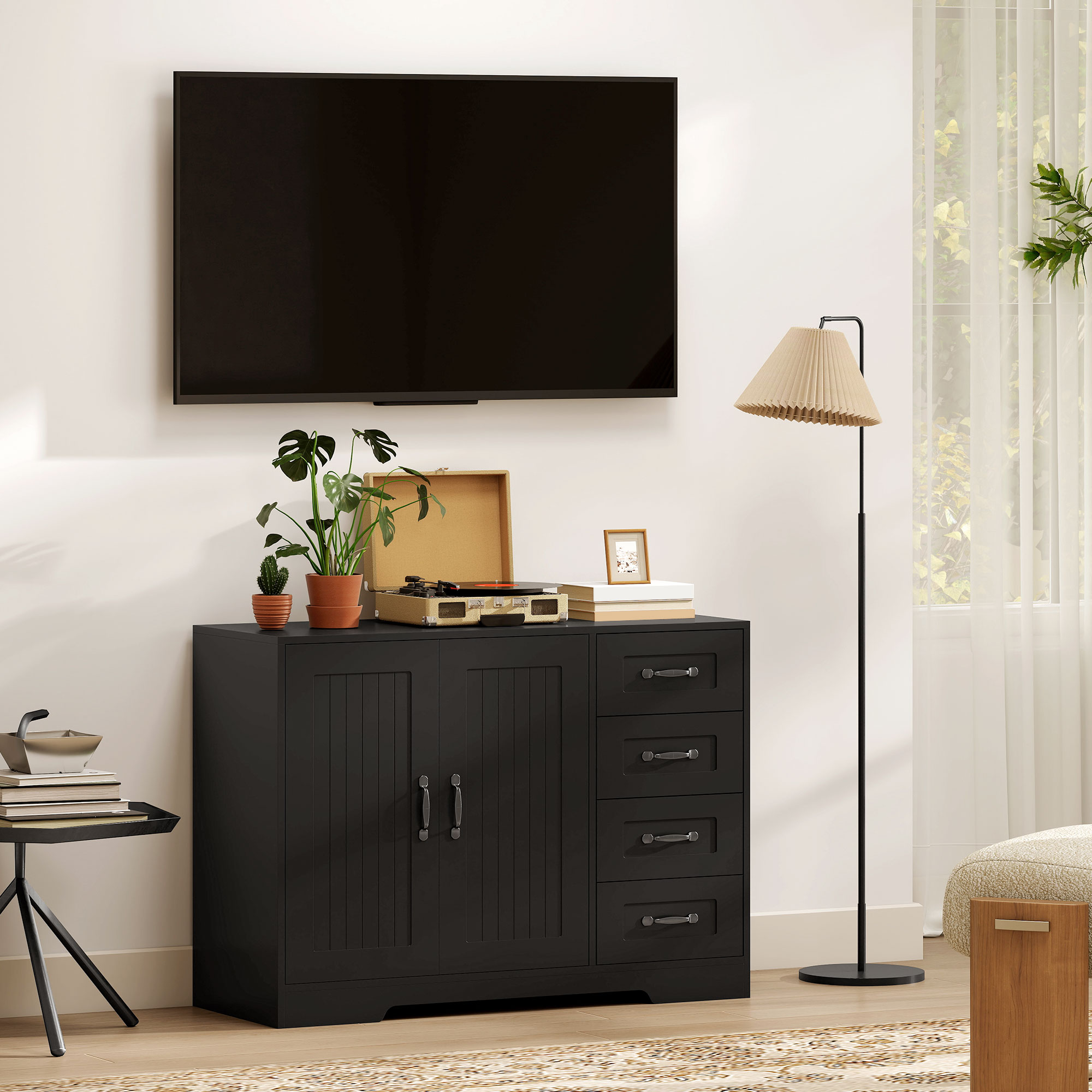 Sideboard, Kommode, moderner Stil, 4 Schubladen, 1 Schrank, 105 x 40 x 76 cm, Schwarz