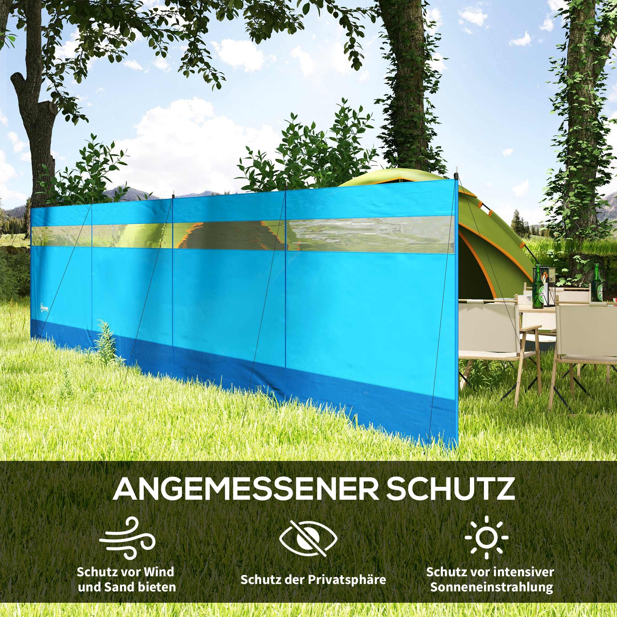 Windschutz mit Sichtfenster und Tragetasche, Stahlstangen, 725x140cm, Blau