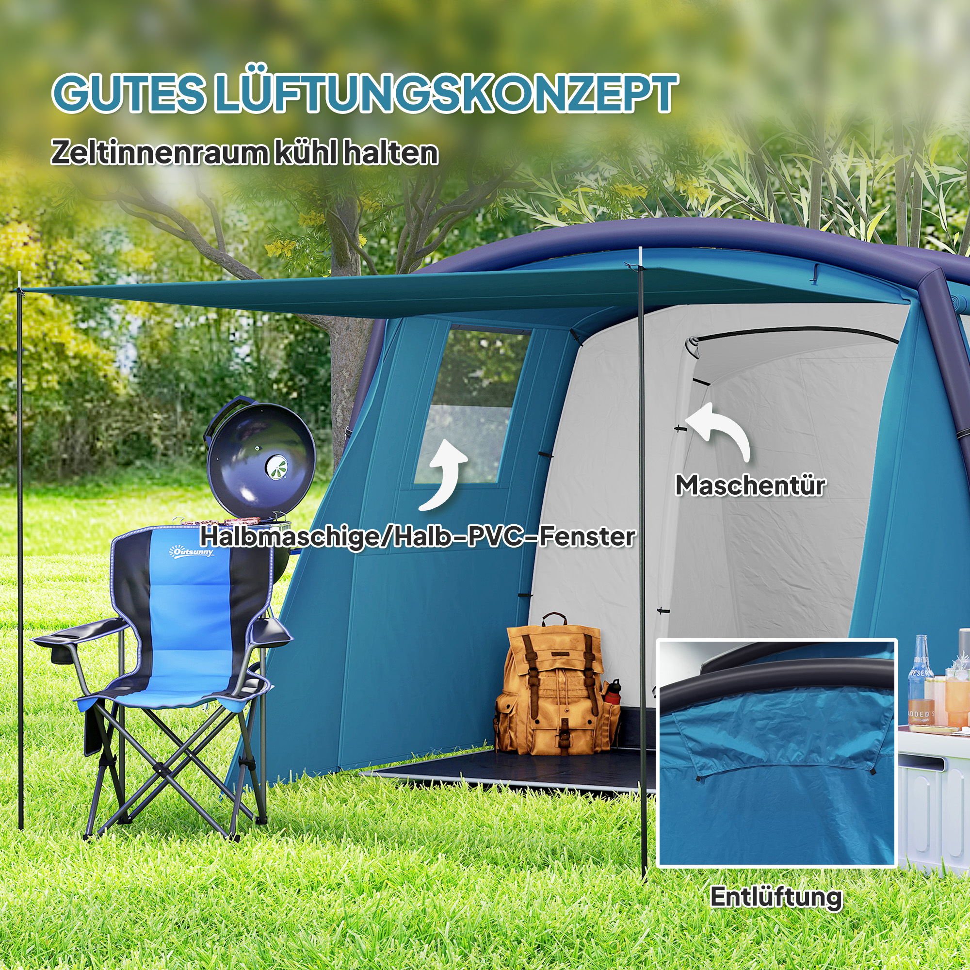 Aufblasbares Campingzelt 3-6 Personen Outdoor Tunnelzelt mit Seitenfenstern Tür Luftträger 4,4 x 2,8 x 1,95 m Blau