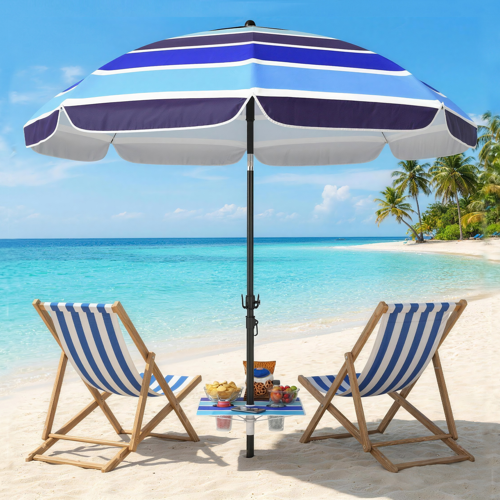 Sonnenschirm Strand Ø198 cm UV30+ Strandschirm mit klappbar Tisch Getränkehalter verstellbarer Neigung Mehrfarbig