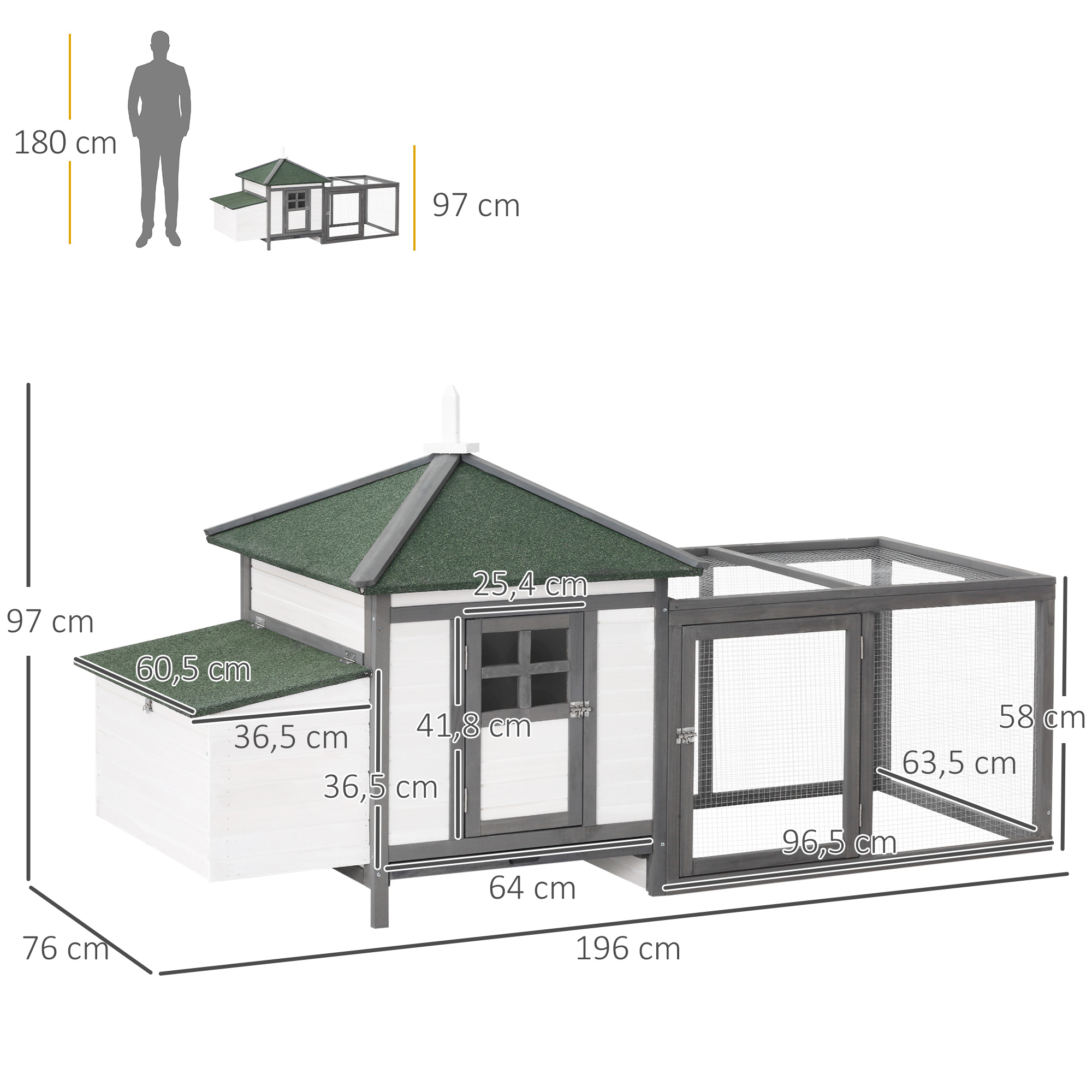 Hühnerstall für Zwerghühner 196 x 76 x 97 cm witterungsbeständig Hühnerhaus mit Nistkasten, Freilaufgehege Sitzstange, Kleintierstall aus Holz für 1-2 Hühner, Grau