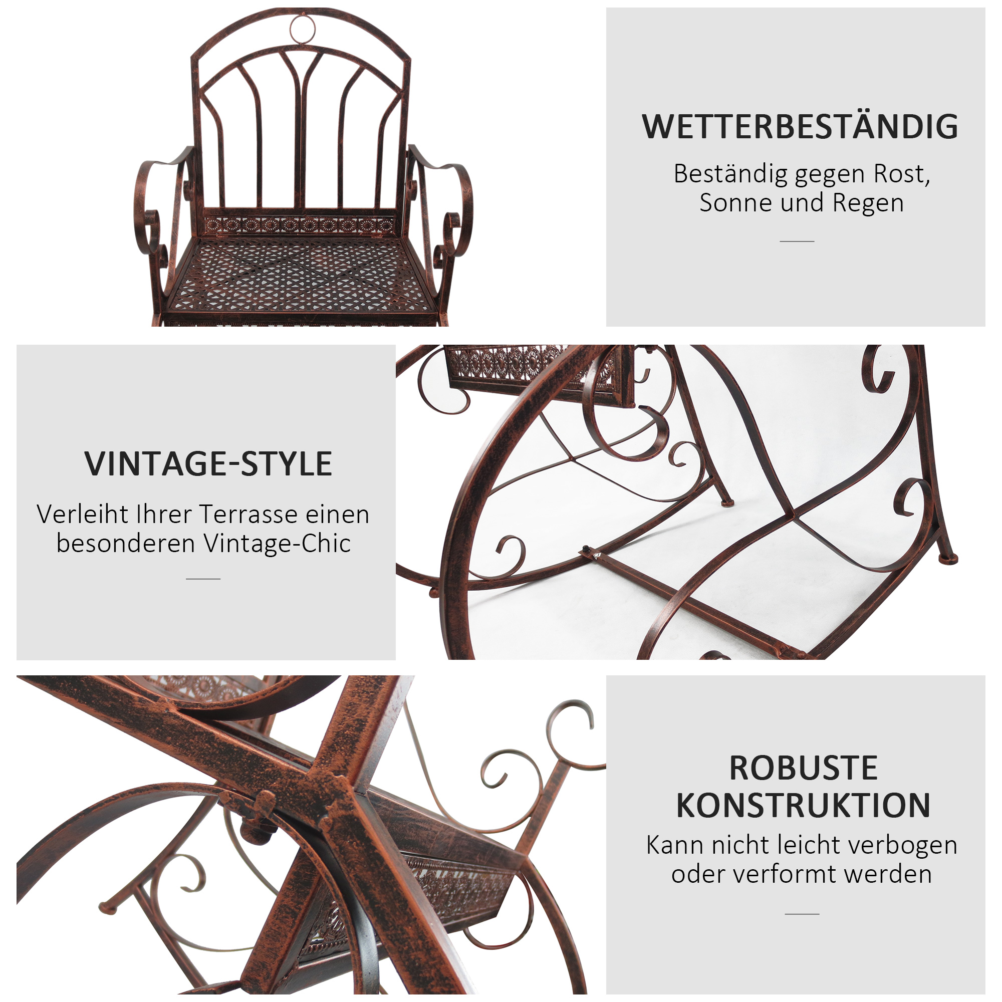 Schaukelstuhl Gartenstuhl, Vintage-Design, 61cm x 79cm x 90cm, Braun + Schwarz