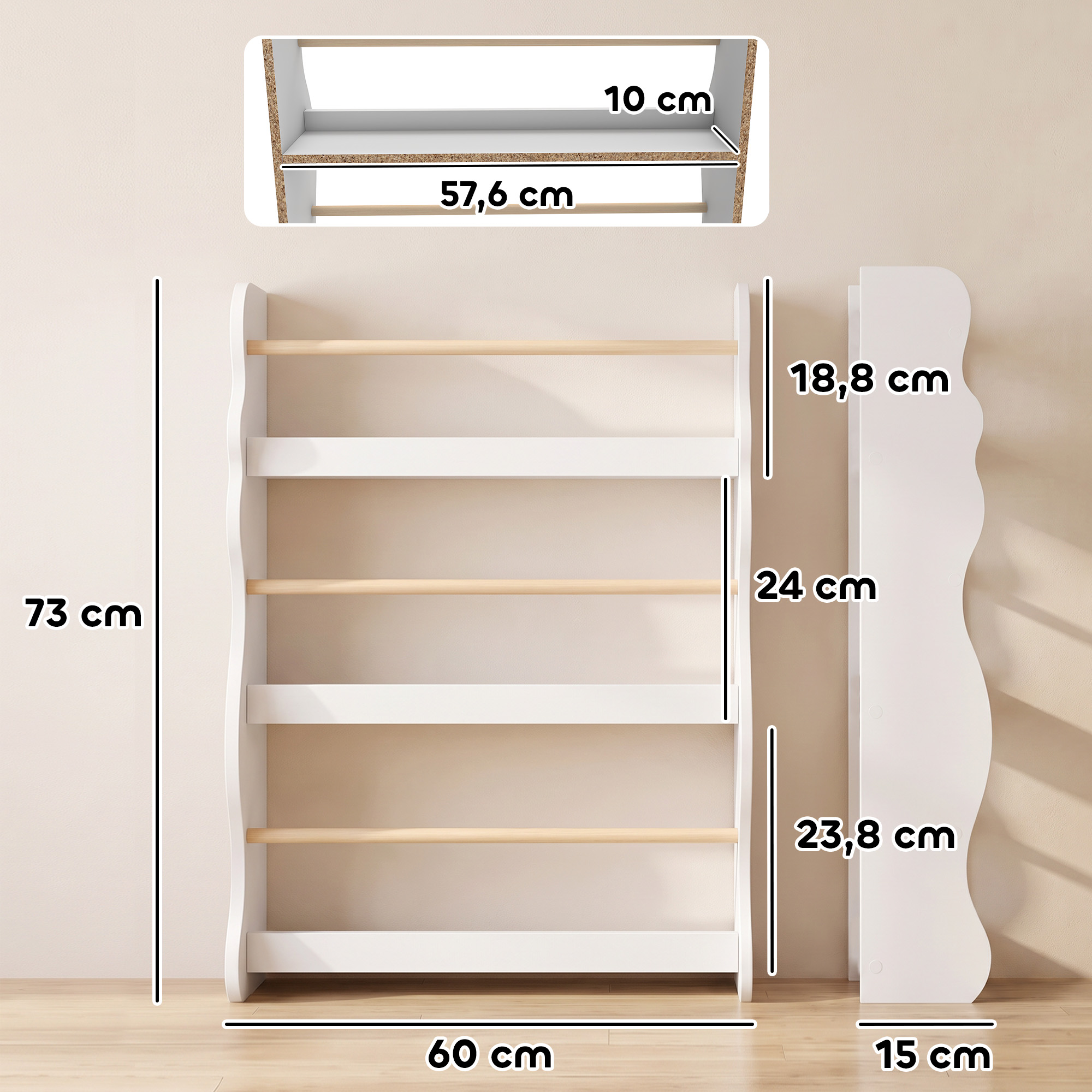 Bücherregal Kinder, Wandmontiert Kinderregal mit 3 Ebenen, Wandregal mit Kippschtz 60 x 15 x 73 cm Weiß