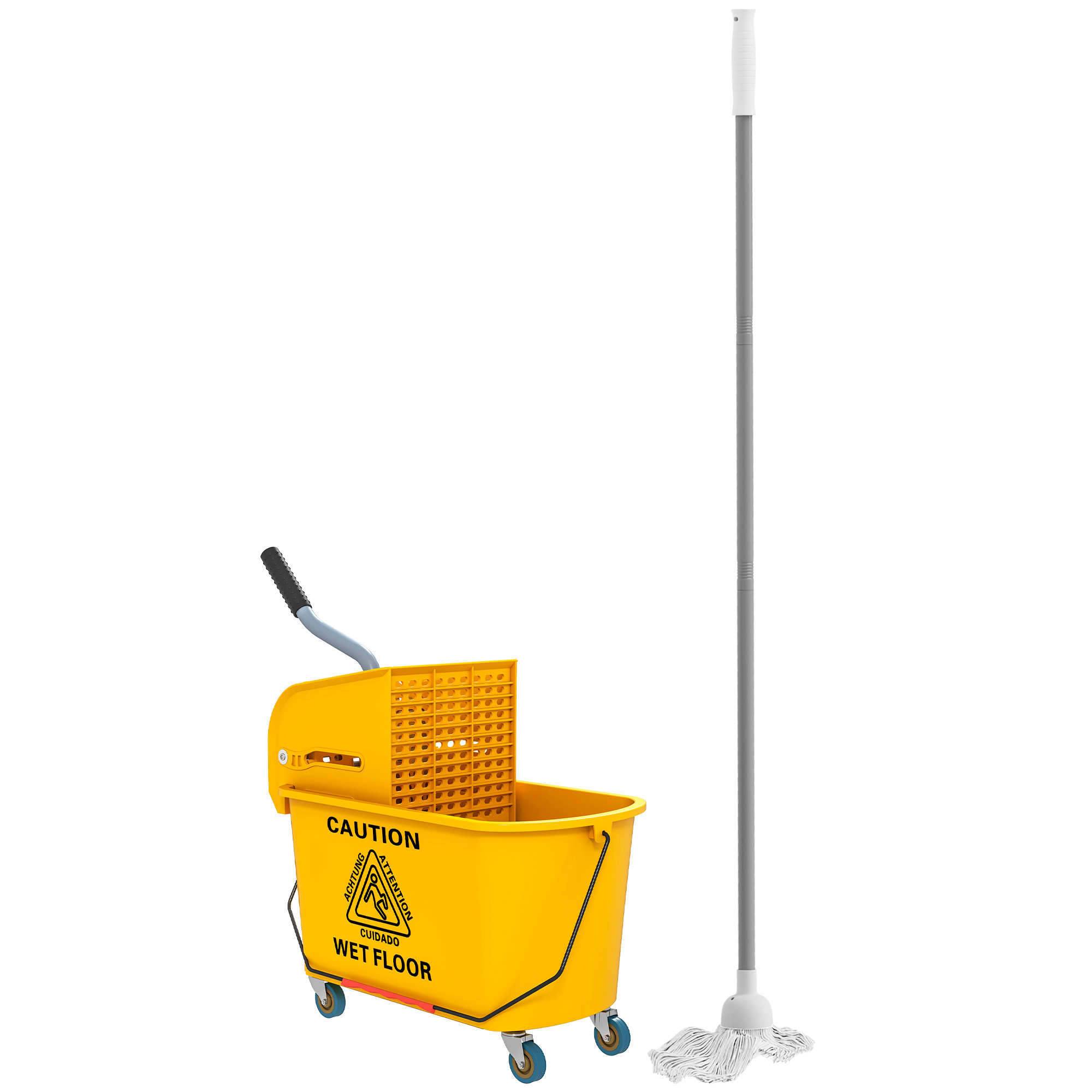 Reinigungswagen 20L Putzwagen mit Presse und Kehrgarnitur, Eimer inkl. Mopp, Rolle