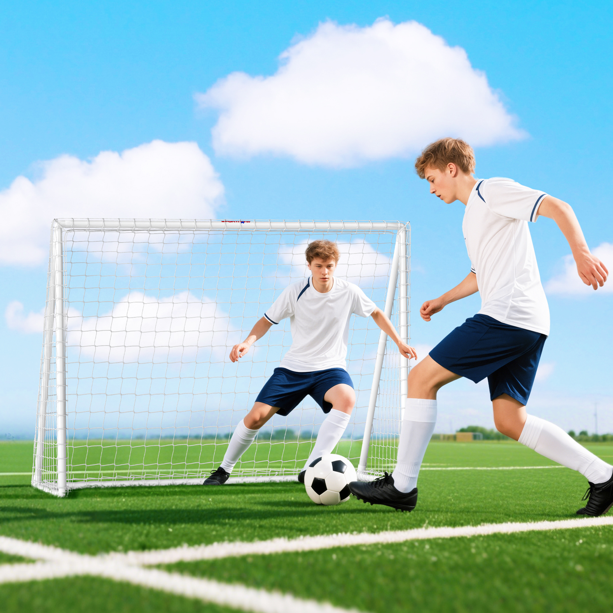 Fußballtor, robustes Netz, Kunststoff-Rahmen, Heringe, 240L x 90B x 180H cm, Weiß
