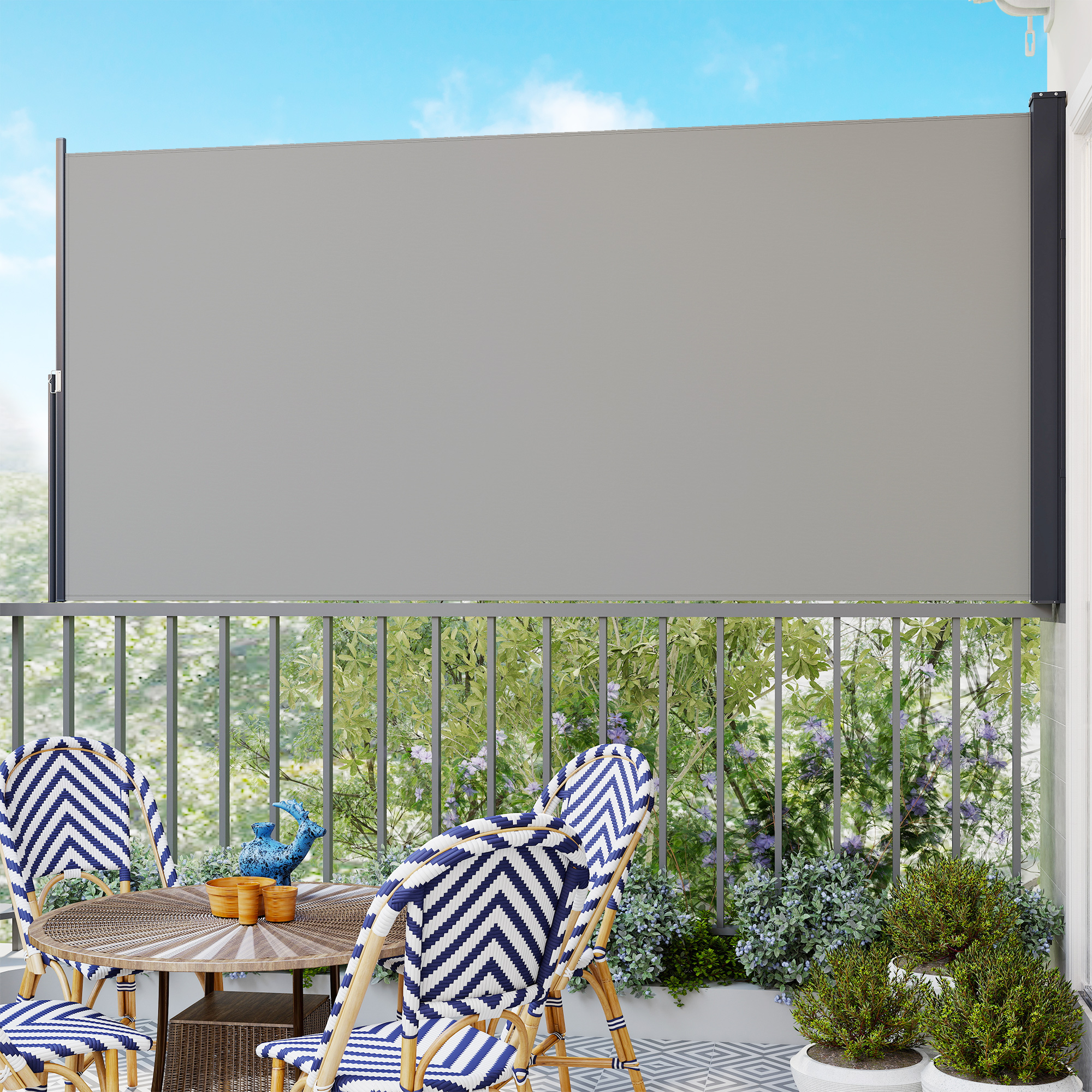 Seitenmarkise, Seitenrollo, ausziehbar, Sichtschutz, Aluminium/Polyester, 3 x 1,4 m, Hellgrau