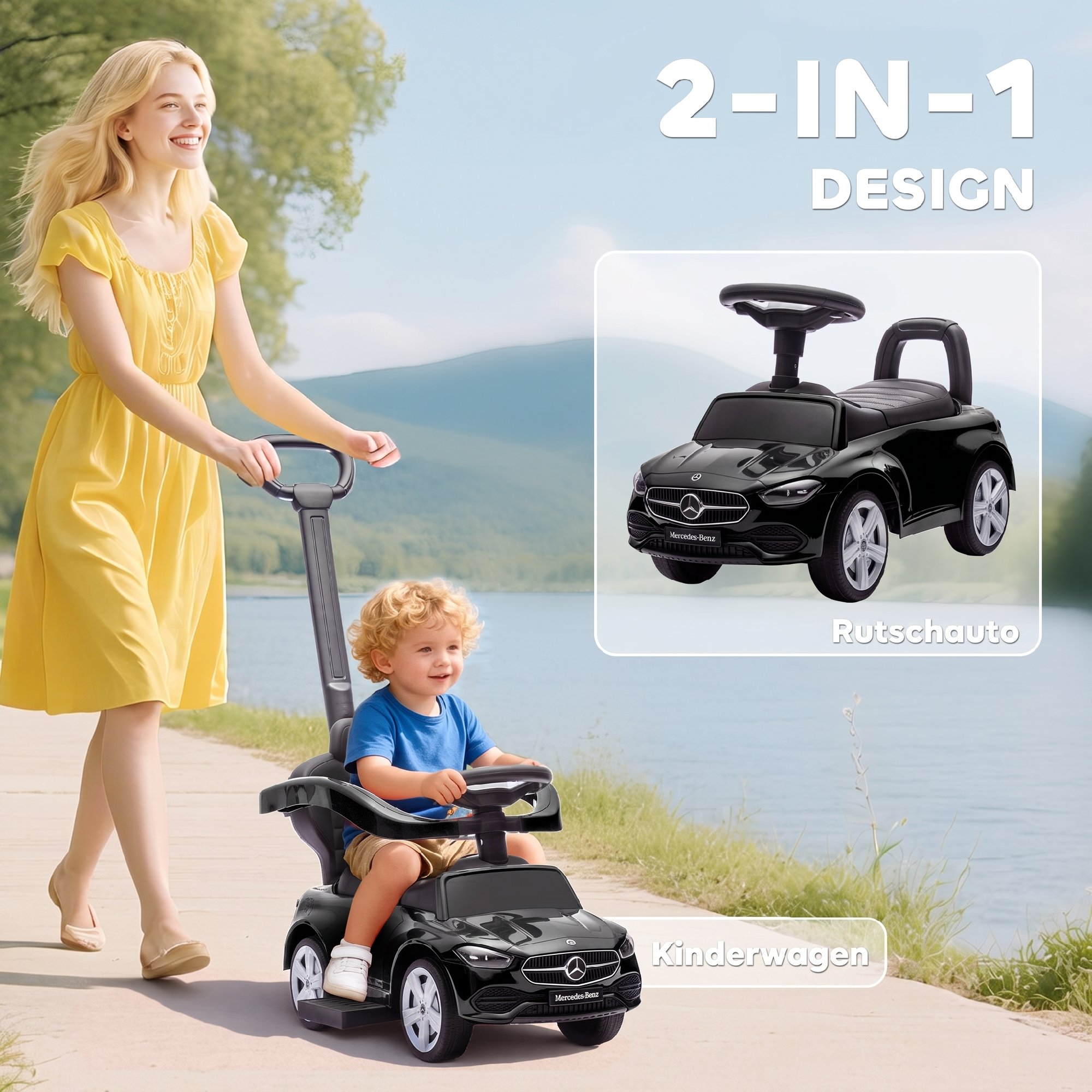 Rutschauto mit Schiebstange 2-in-1 Rutschfahrzeug mit abnehmbarem Griff, Sicherheitsgeländer, Stauraum, Hupe & Lenkrad