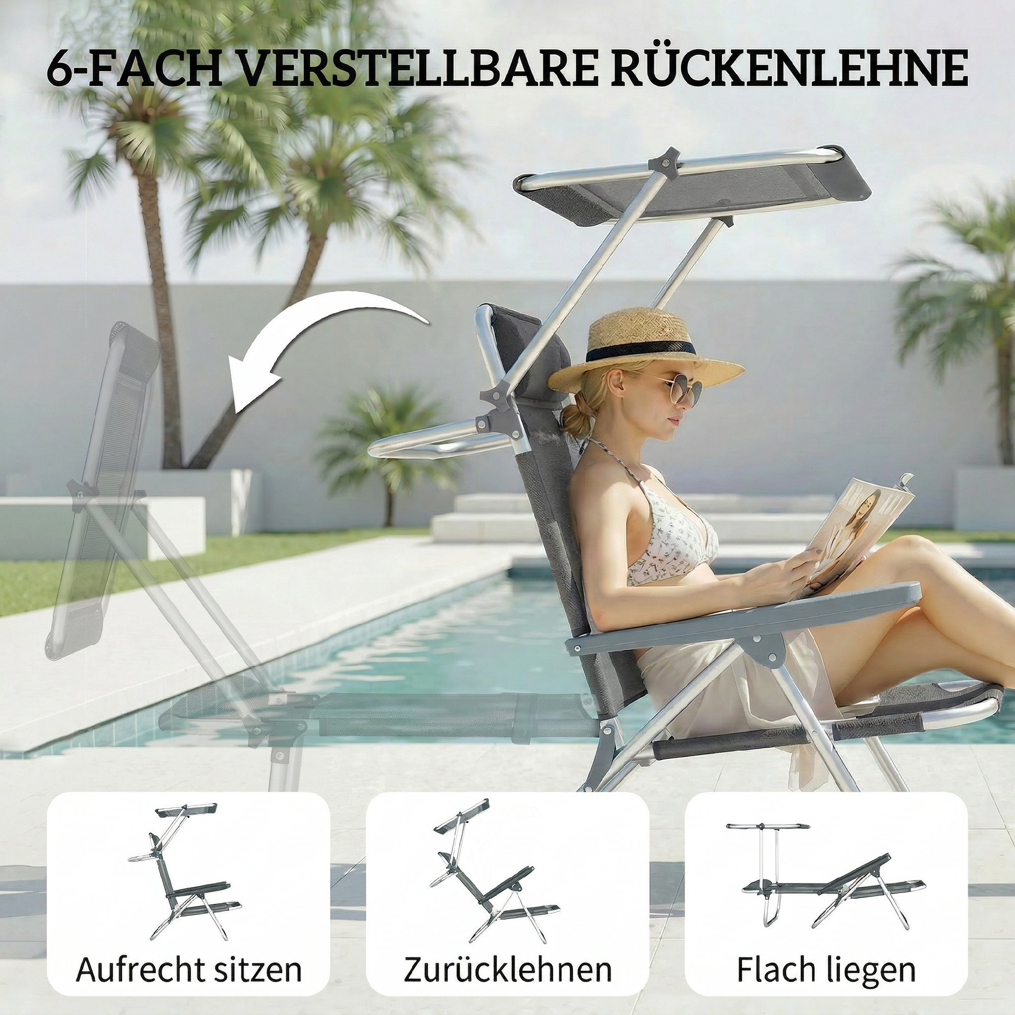 Sonnenliege klappbar Gartenliege mit Kopfkissen verstellbarem Dach 6-Fach verstellbare Rückenlehne 62 x 68 x 79 cm Dunkelgrau