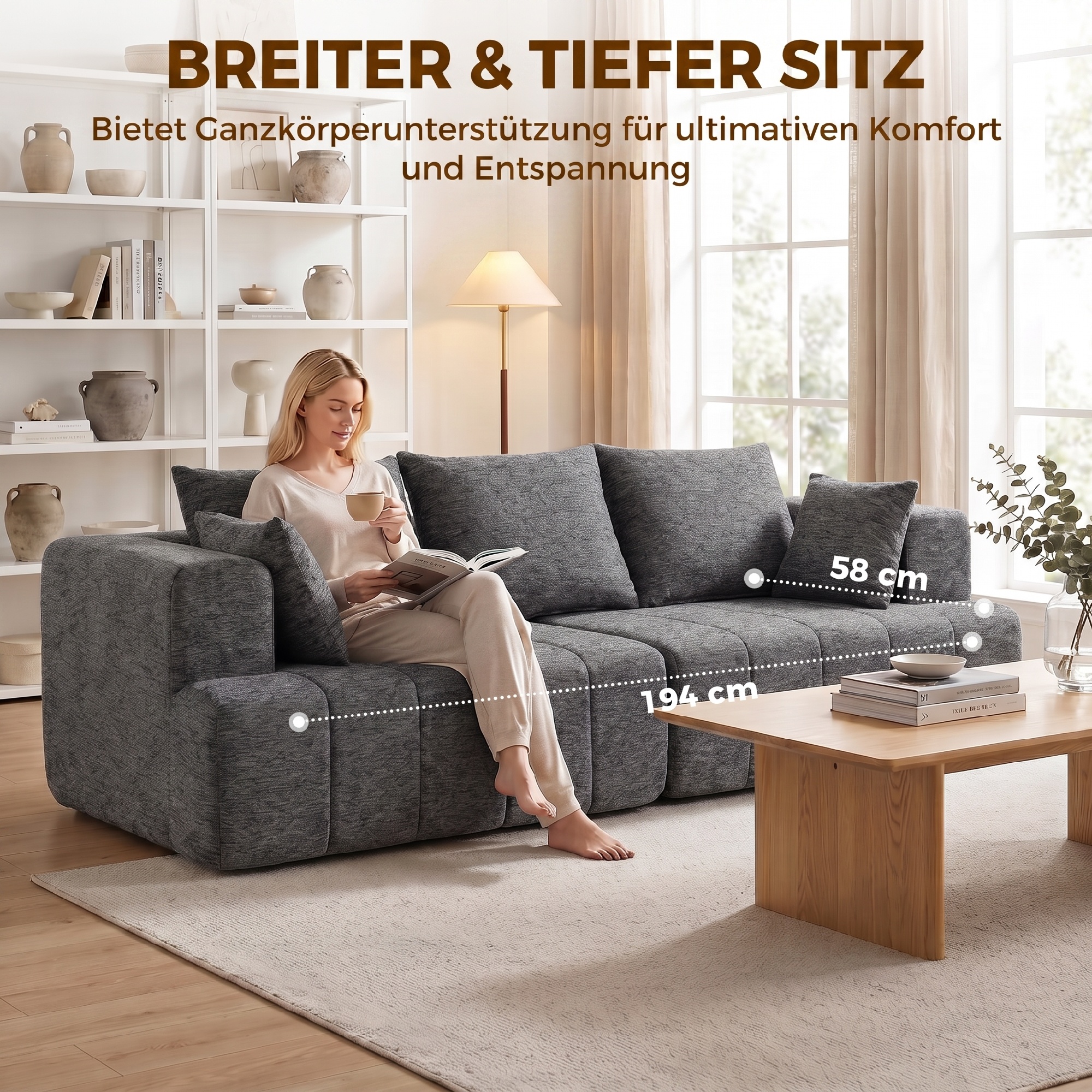 3-Sitzer-Sofa, Cloud-Sofa aus Chenille mit dicker Federkernpolsterung, breiter und tiefer Sitzfläche, breiten Armlehnen, Kissen, grau