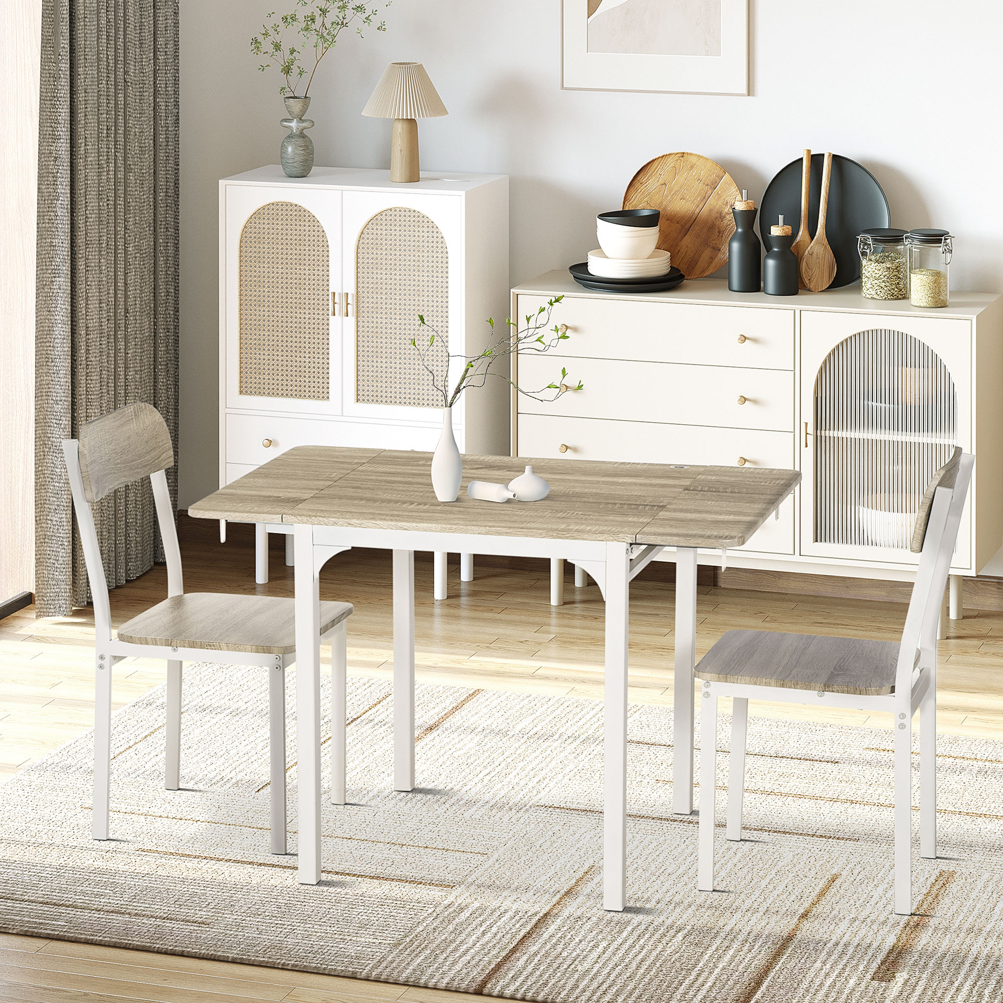 2-teilige Sitzgruppe, Klappbarer Esstisch mit 2 Stühlen, Klapptisch, 110 cm x 70 cm x 75 cm, Weiß + Natur