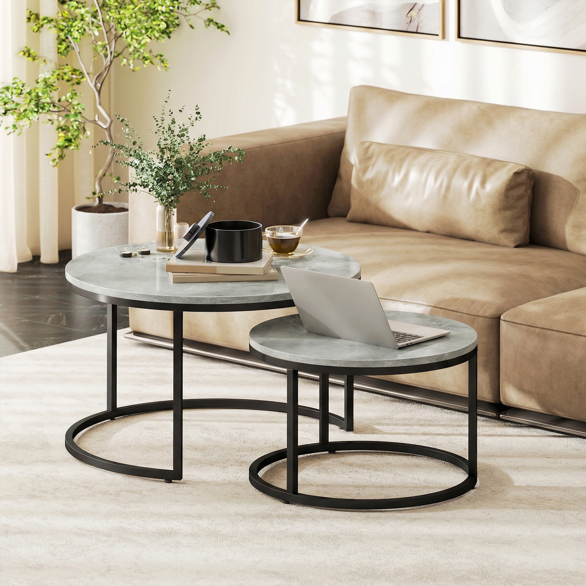 Modernes Kaffeetisch 2er-Set, Stapelbare Beistelltische mit Metallgestell für Wohnzimmer, Schlafzimmer, Büro, Grau