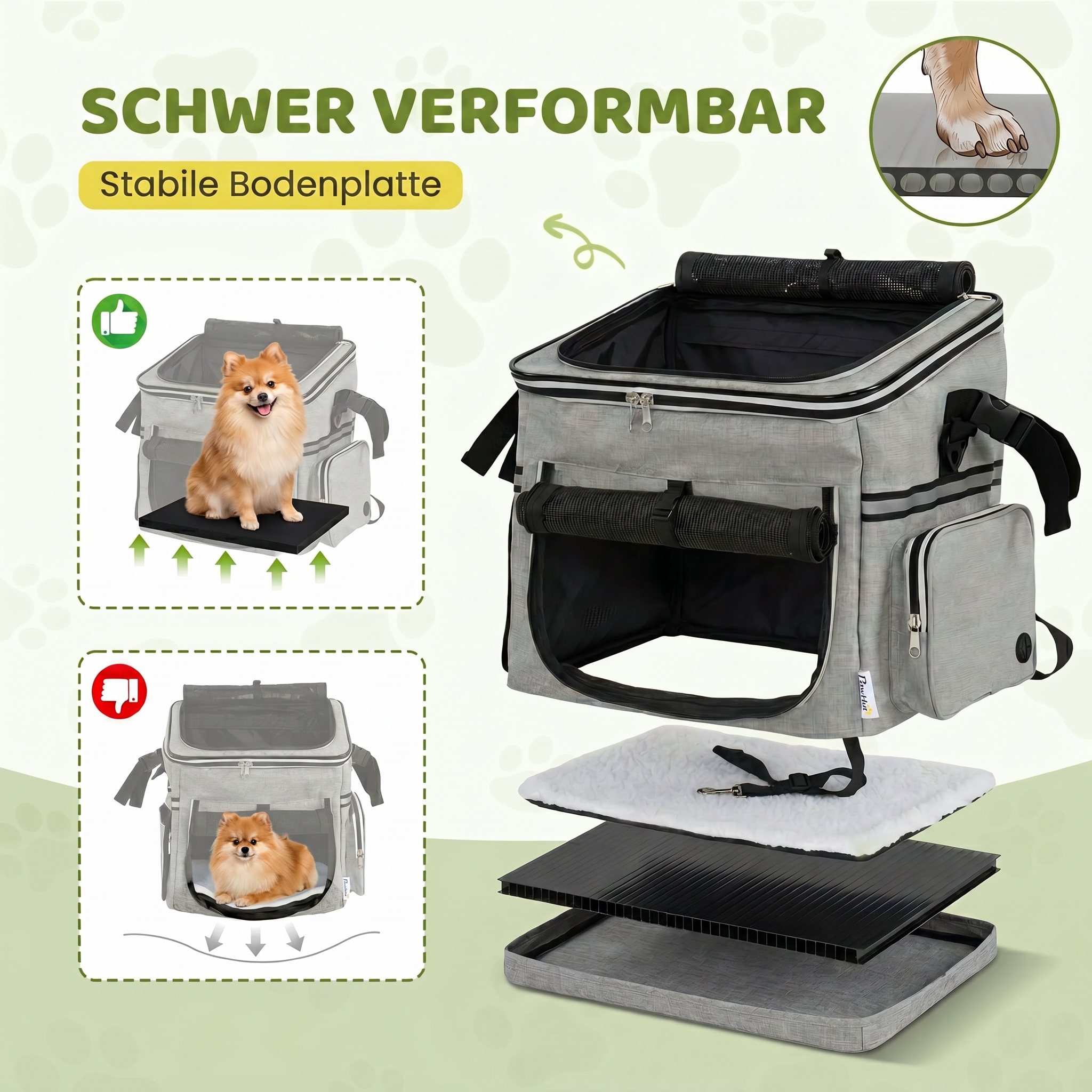 Hundekorb Fahrrad Vorne Tragbar Hundefahrradkorb mit Sicherheitsleine Kissen Schüssel für Kleine Hunde bis 5kg Hellgrau