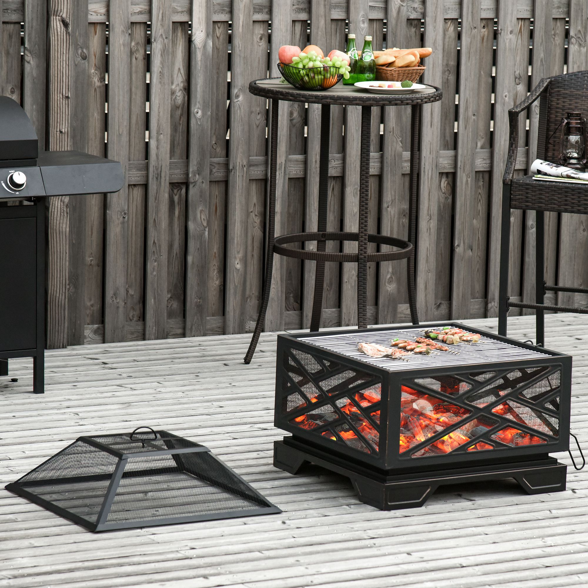 Feuerschale mit Funkenschutz, Grillrost, Schürhaken, quadratisch, Stahlgehäuse, schwarz, 66 x 66 cm