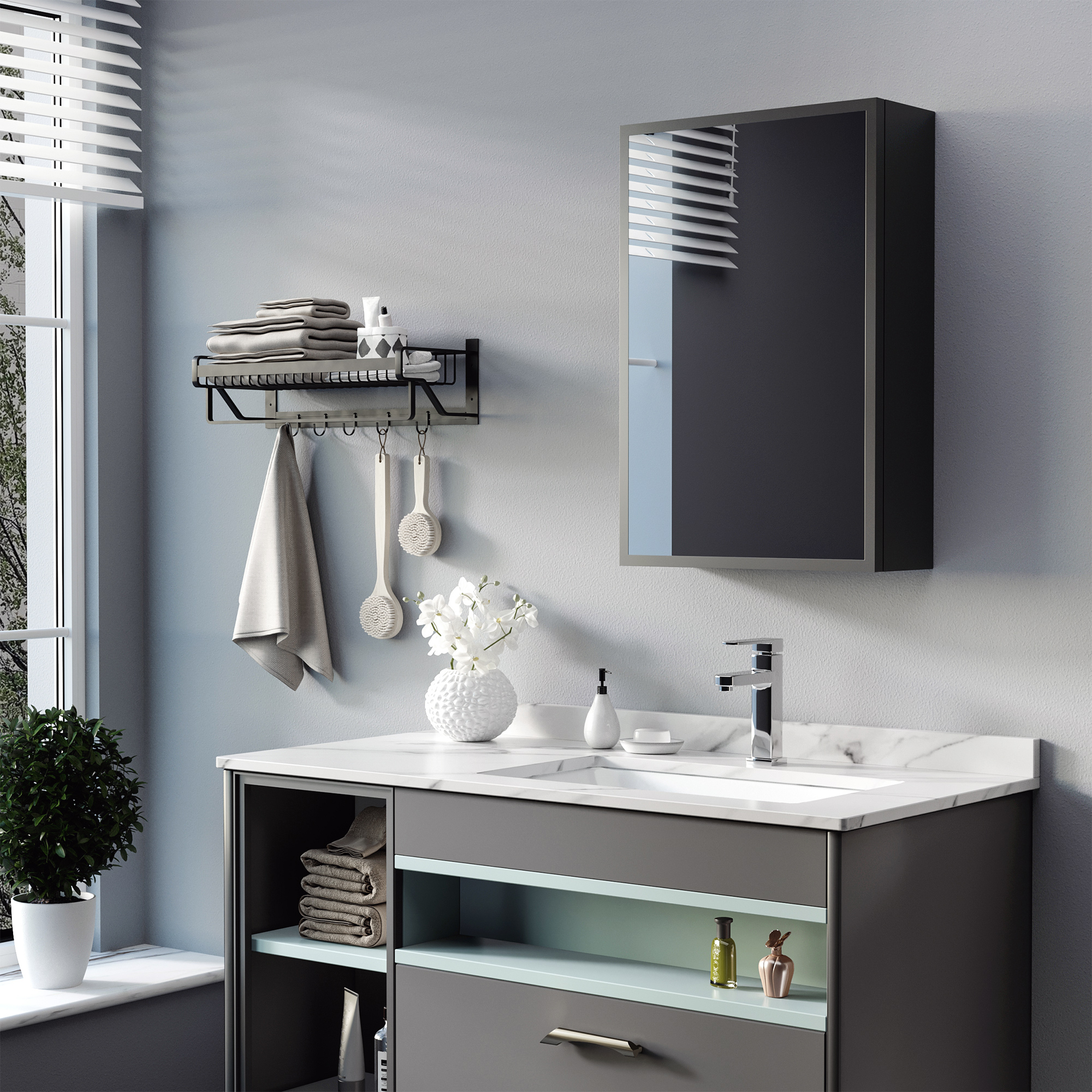 Spiegelschrank, 3 Regalfächer, weiche Scharniere, Stahlgehäuse, schwarz, 40 x 15 x 60 cm