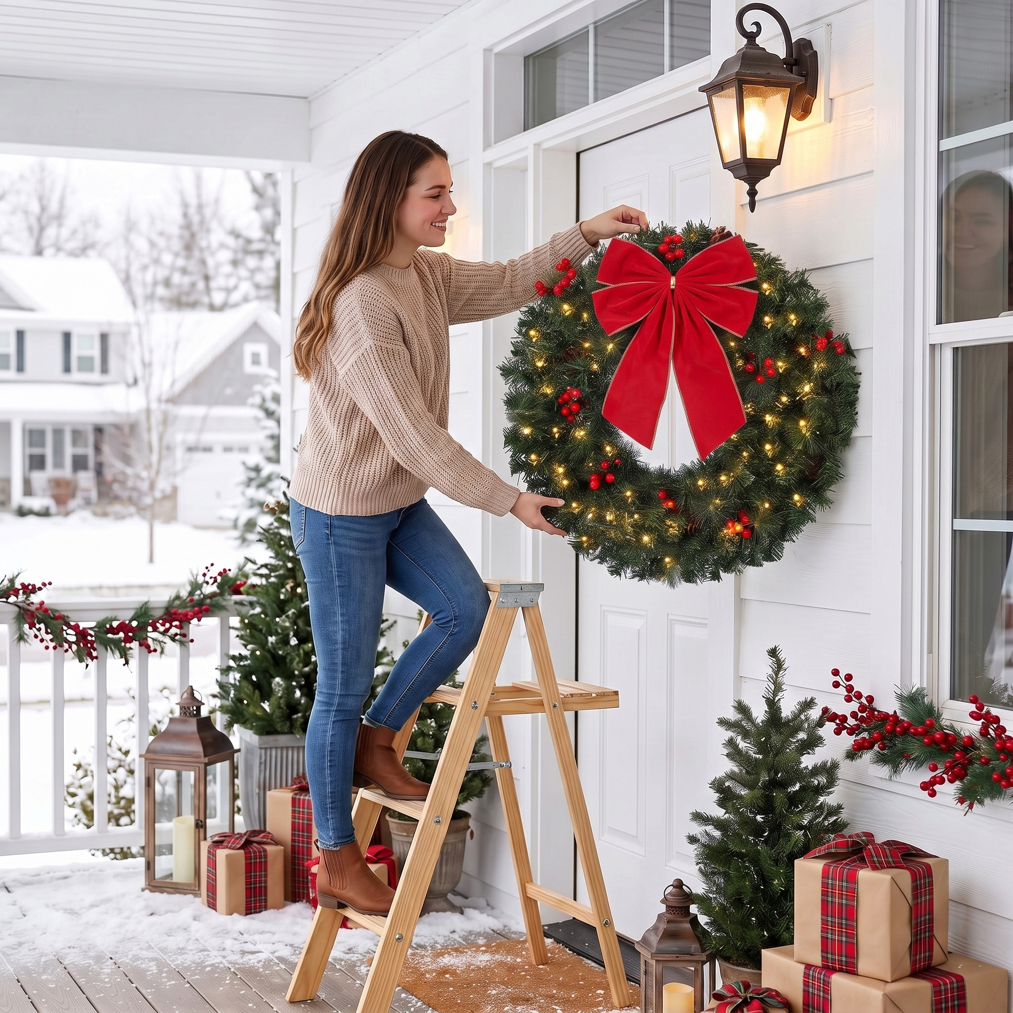Weihnachtskranz 60 cm Türkranz mit Crestwood-Fichten Design, Schleife, 50 LEDs, 140 Zweigspitzen, 8 Leuchtmodi