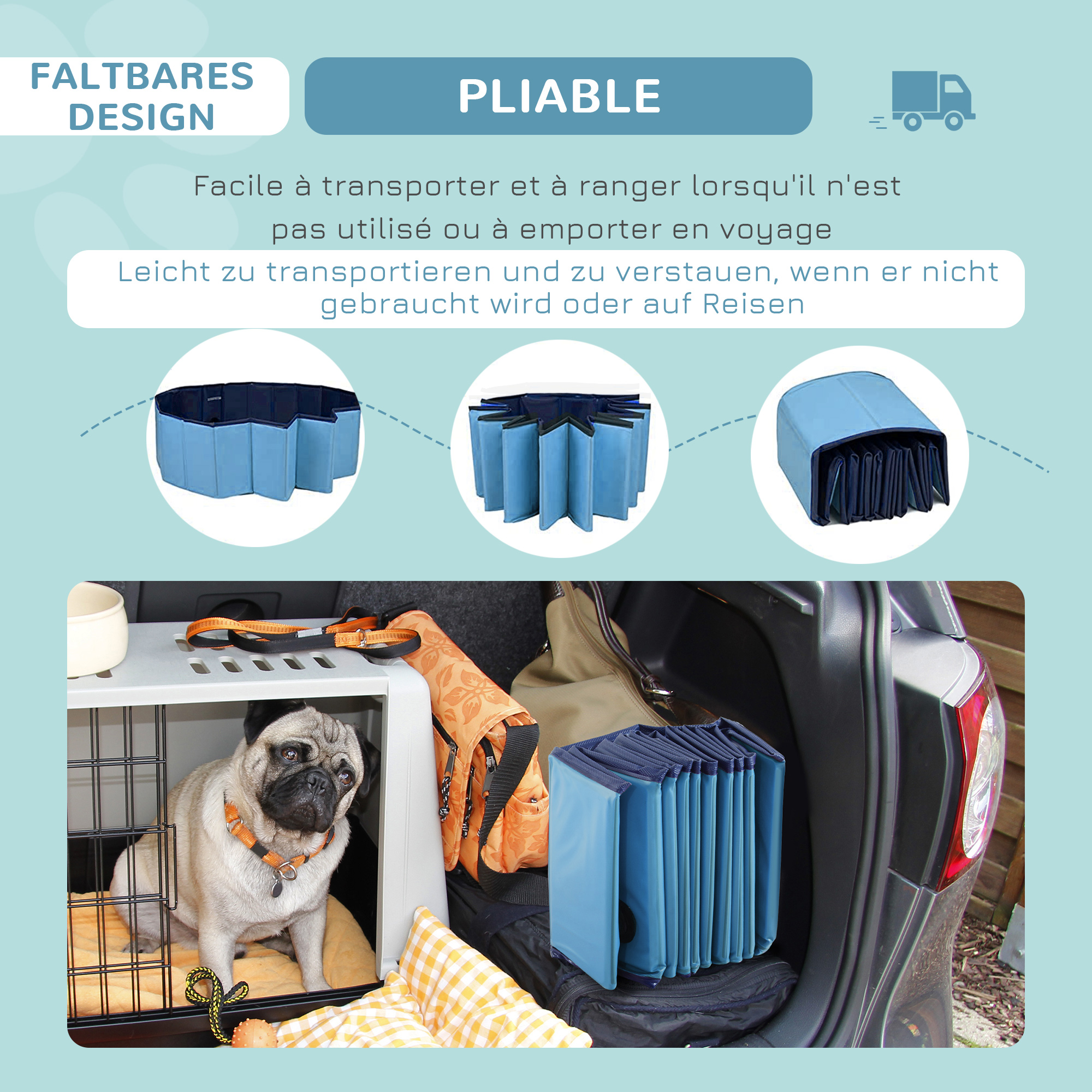 Hundebadewanne faltbar Badewanne Hundepool Plantschbecken Swimmingpool Wasserbecken für Hunde und Katzen Schwimmbecken Kunststoff+Holz Blau Ø120 x H30 cm