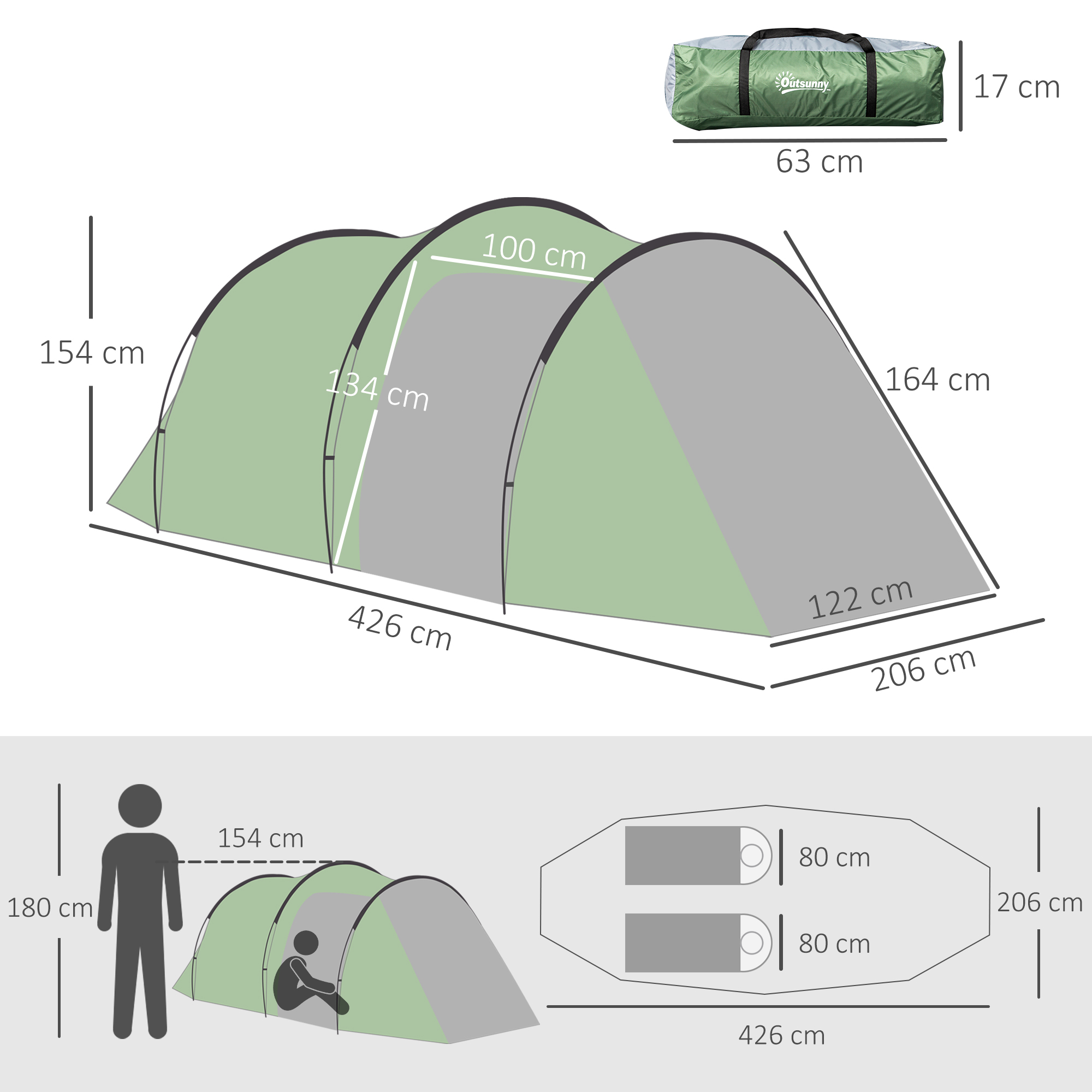 Campingzelt für 2-3 Personen stabil wasserdicht Familienzelt mit Seitentür Fenster Packtasche, Zelt mit 2000mm Wassersäule Tunnelzelt Kuppelzelt für Camping Reise Trekking Garten, Dunkelgrün