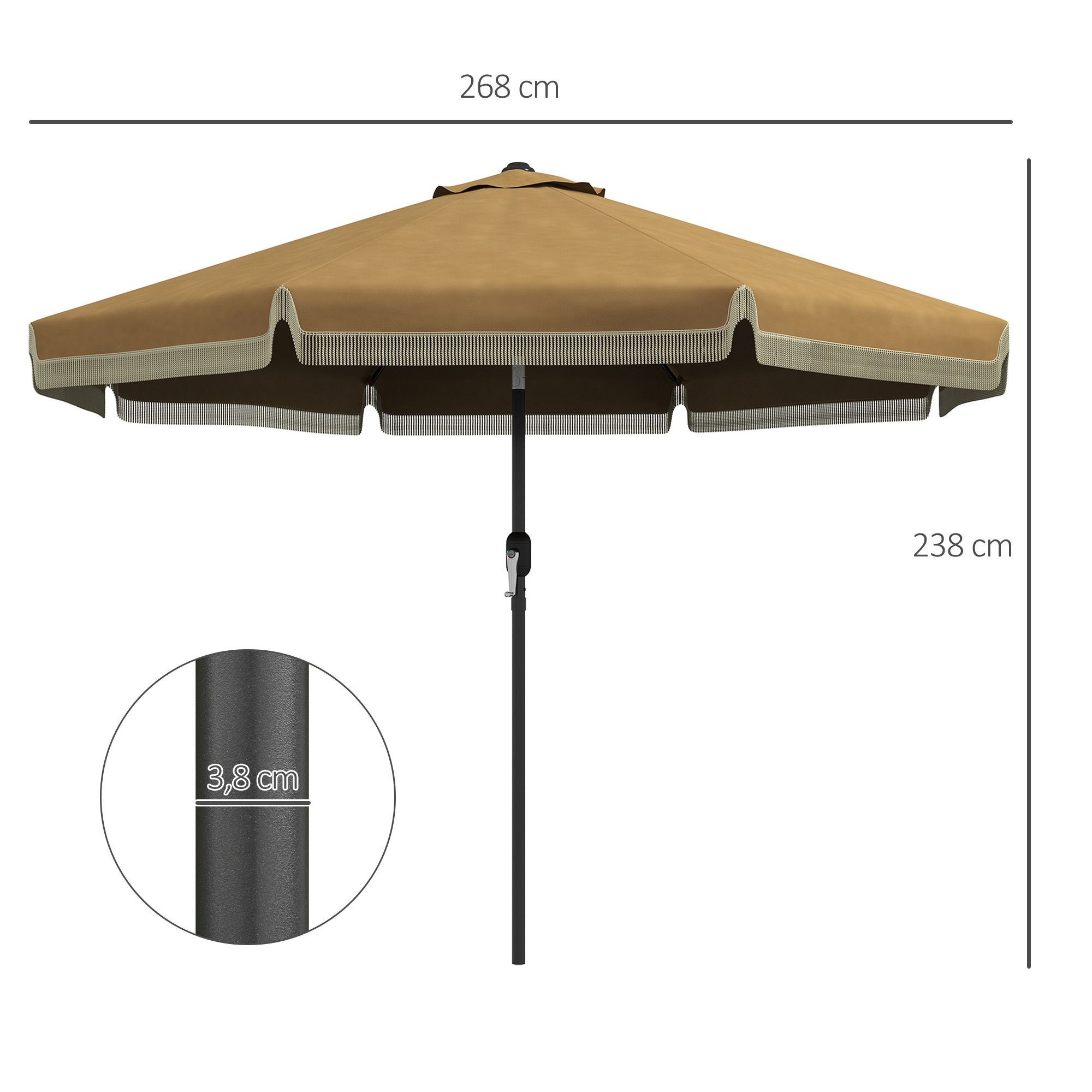Sonnenschirm mit Fransendekor, Ø265 cm, neigbar, zweiteiliger Metallmast, Windhaube, Khaki/Schwarz