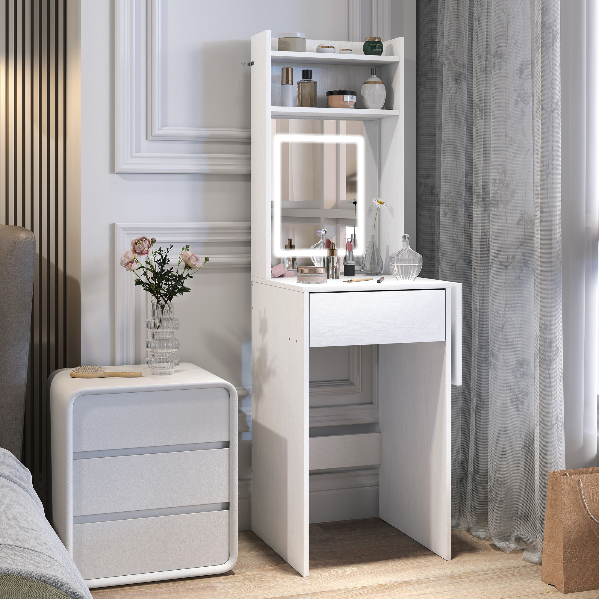 Kompakter Schminktisch mit Spiegel und LED-Beleuchtung, klappbare Tischplatte, offenere Regale, Schublade, MDF, Weiß