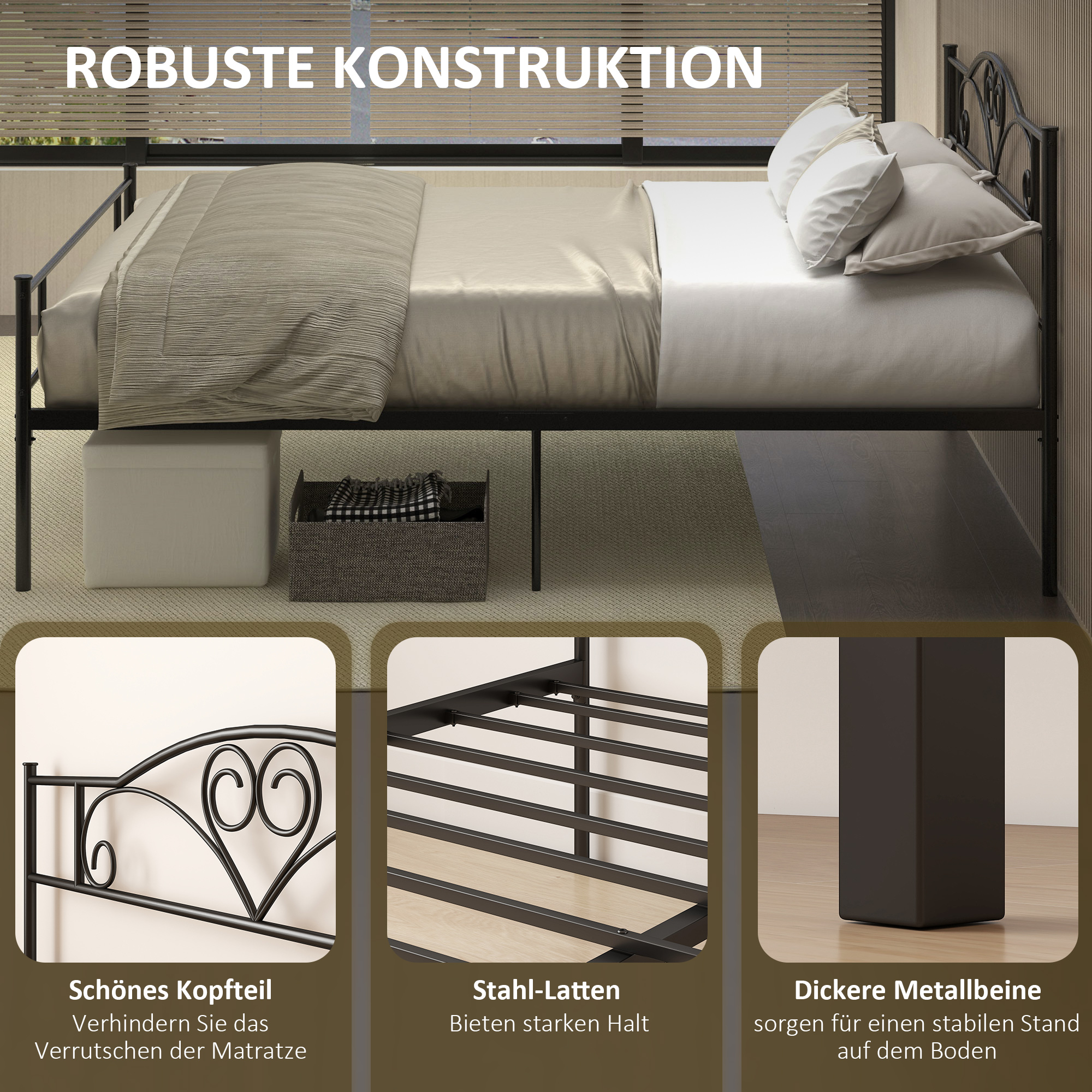 Bettgestell aus Metall mit Kopfteil, 300 kg Belastbarkeit, 145L x 211B x 106H cm, Schwarz