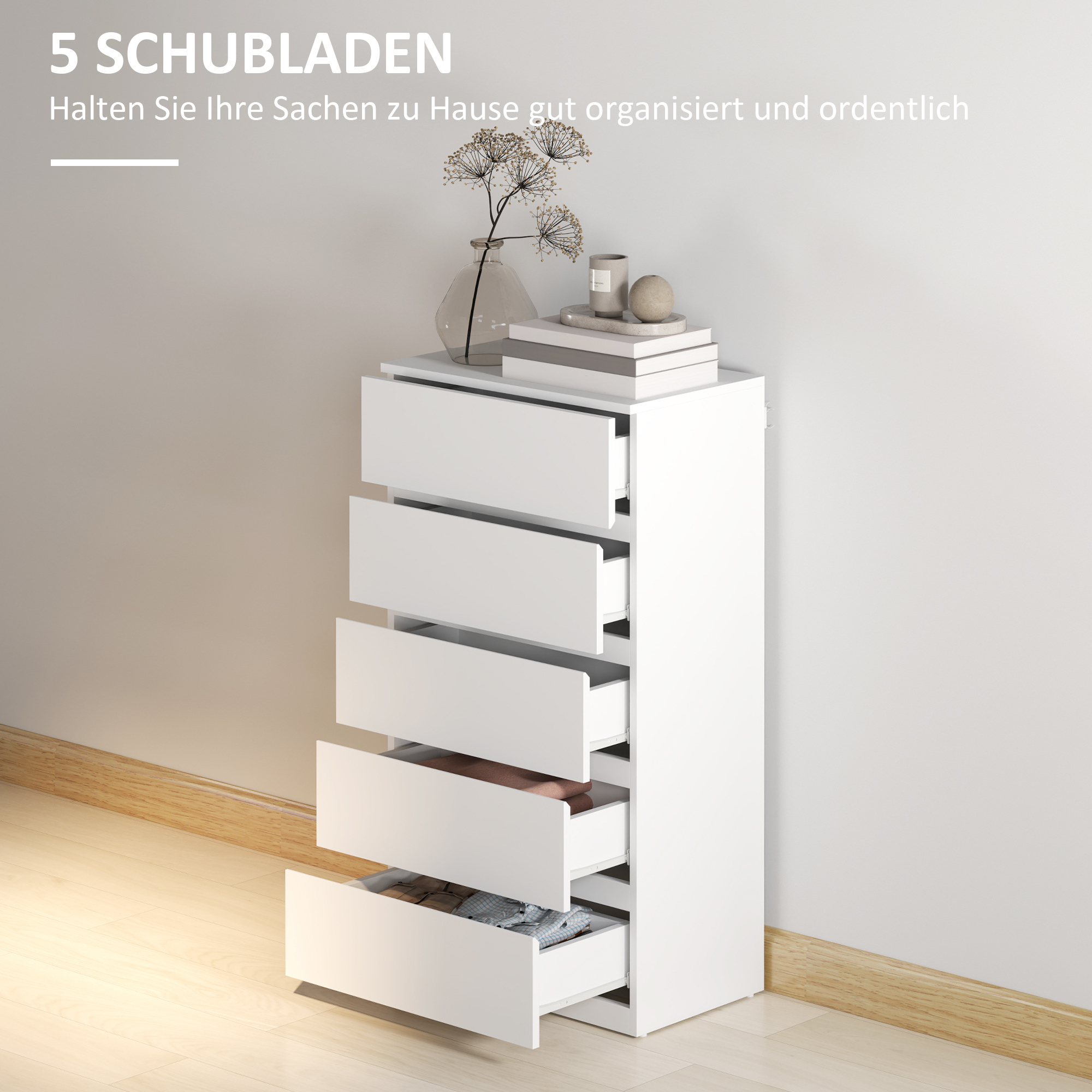 Kommode Sideboard Schubladenkommode, 5 Schubladen, 55 cm x 34 cm x 100 cm, Weiß