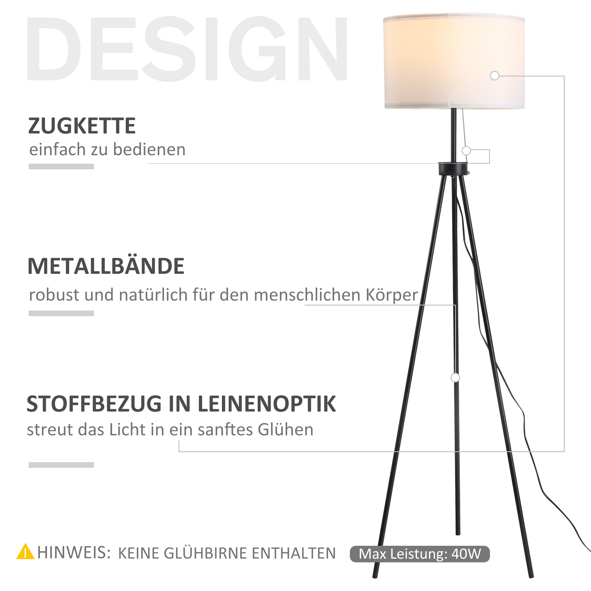 Stehlampe Stehleuchte Standleuchte E27, Stahl+Polyester, 37x37x152cm (Schwarz+Weiß)