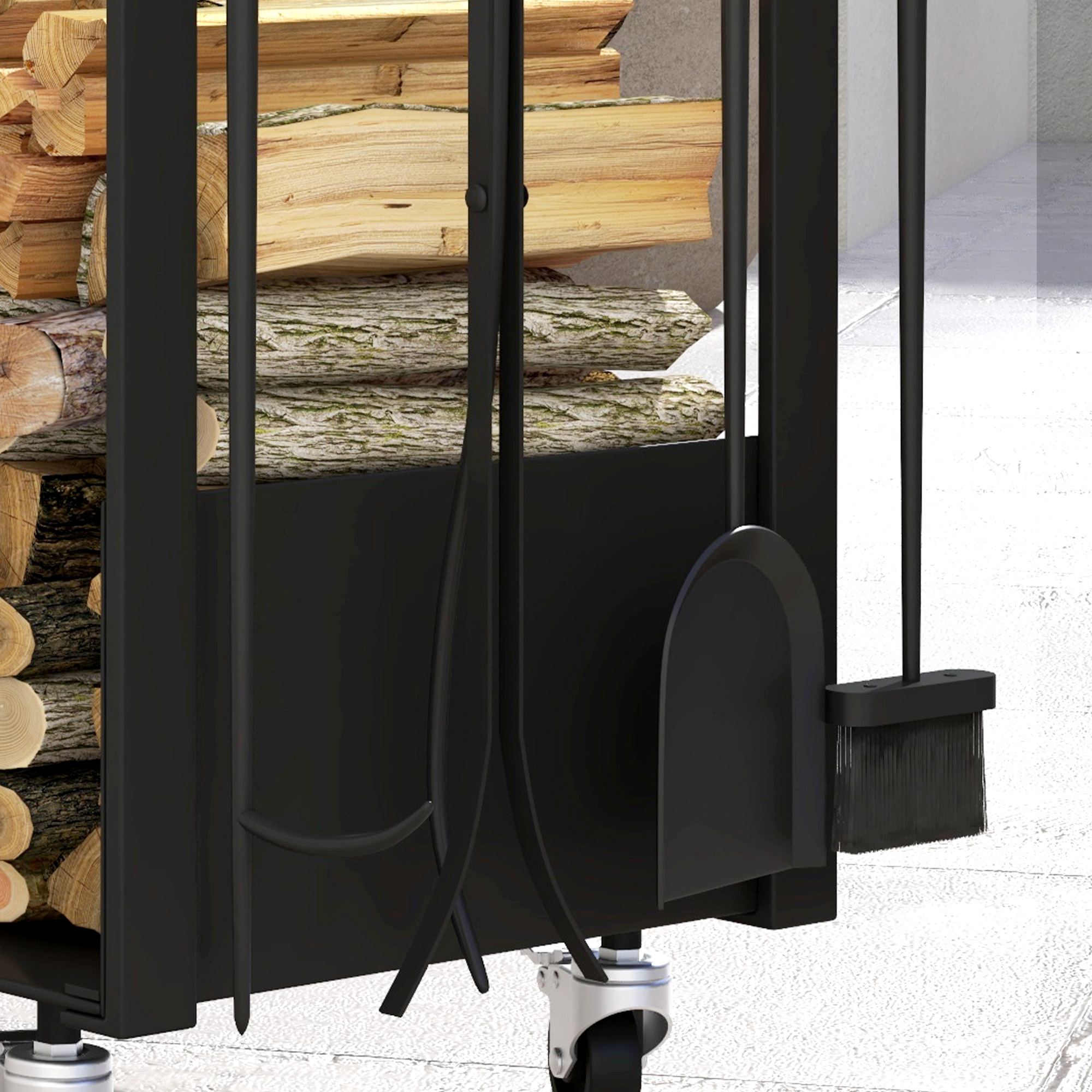 Feuerholzgestell mit Rädern, viel Zubehör, Metallrahmen, bis 60 kg, 48 x 30 x 76 cm, Schwarz