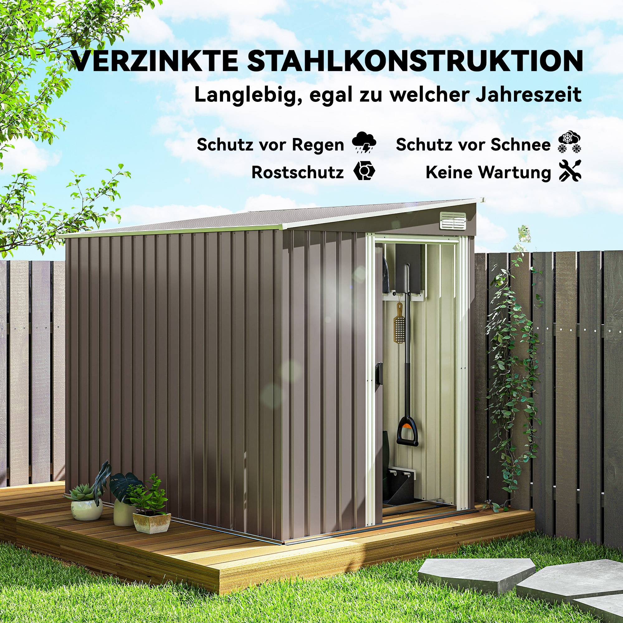 Metall Gerätehaus 2,81m² 154x206,5x181 cm Geräteschuppen mit Pultdach Fundament