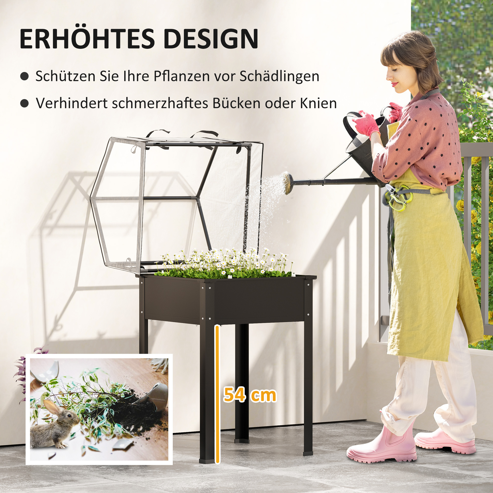 Hochbeet mit Gewächshaus-Dach, Erhöhte Pflanzenbox mit Ablauflöchern, 60 x 60 x 120 cm, Schwarz