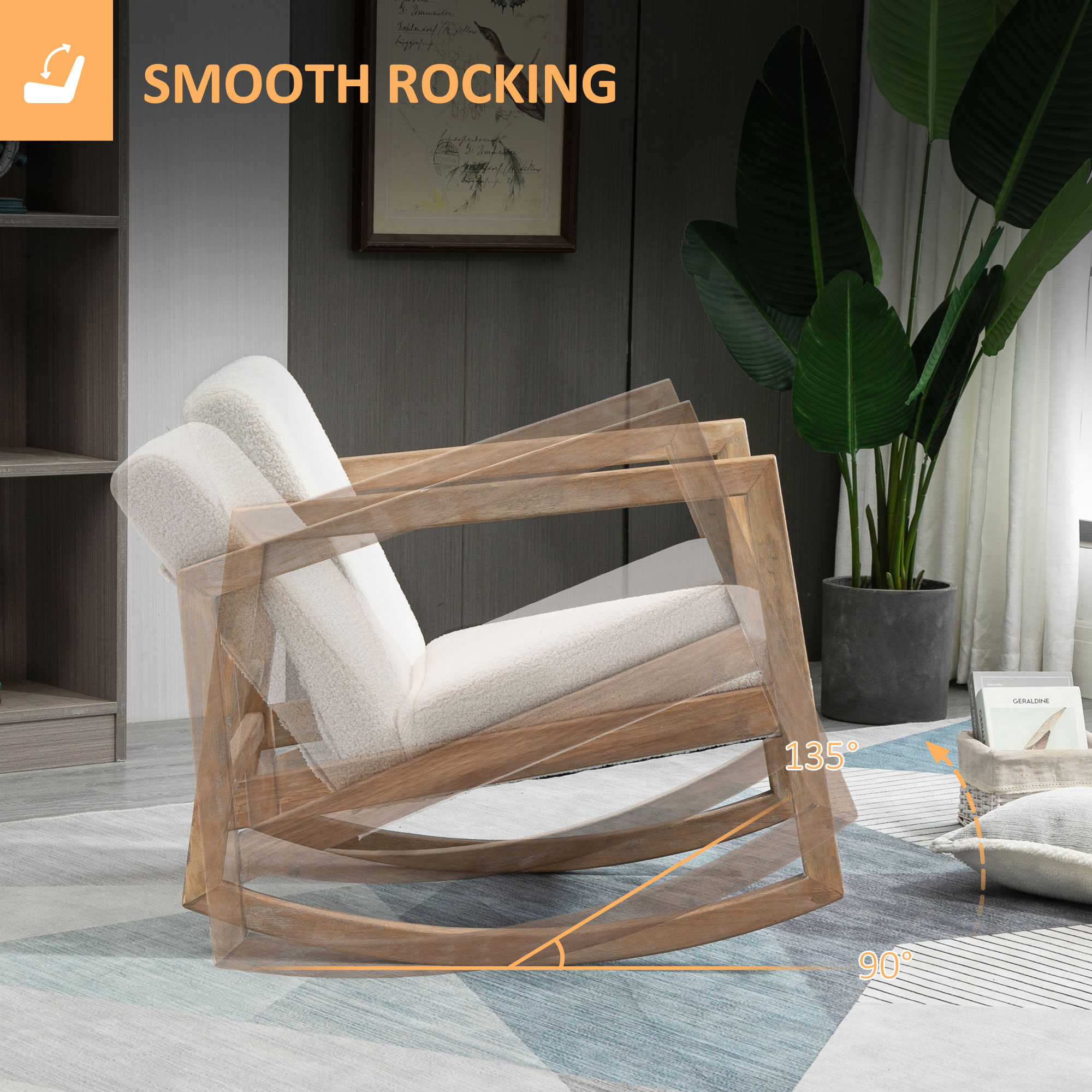Schaukelstuhl mit Holzrahmen gepolstert Relax Stuhl Sessel Stuhl Wohnzimmersessel Lounge mit gepolsterter Sitzfläche Kautschukholz Cremeweiß 60 x 76 x 77 cm