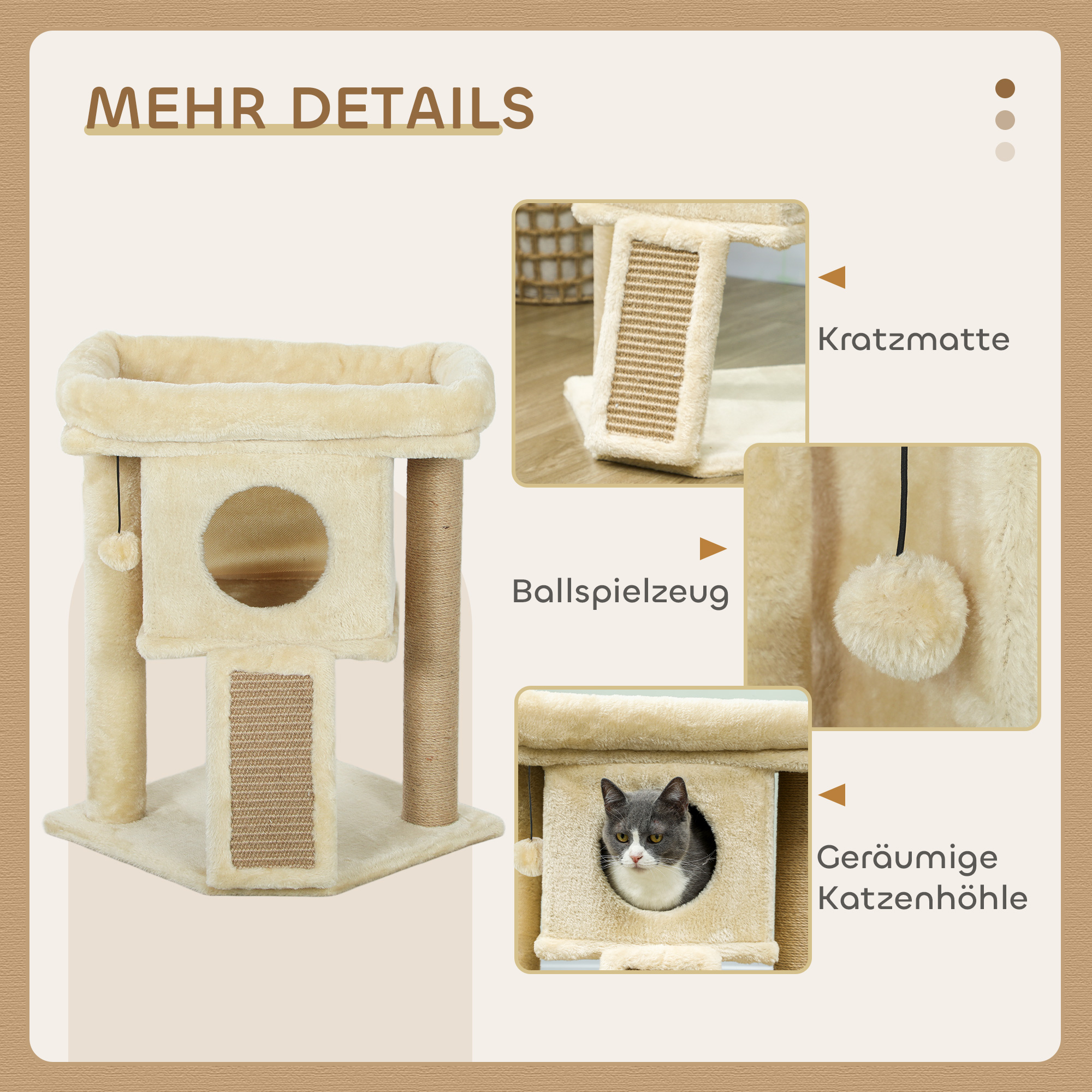Kratzbaum mit Jute-Kratzmatte, Liegeplattform, Spielball, Katzenhaus, Beige, 40 x 40 x 57 cm