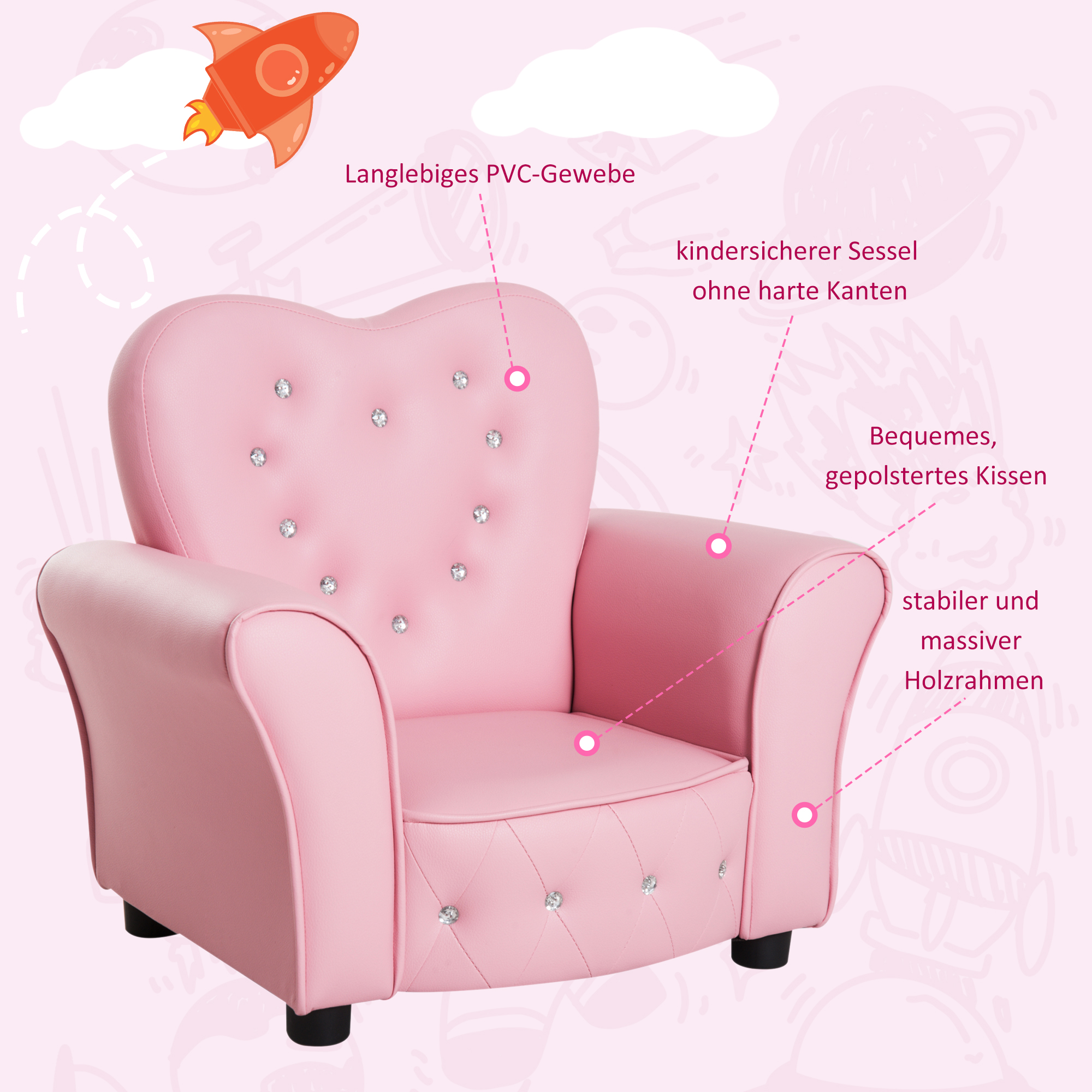 Kindersessel Kindersofa, massiven Holzfüßen Sessel aus Schaumstoff Kinderstuhl für Kinderzimmer, Spielzimmer, 59 x 41,5 x 49 cm, für Kinder 1,5-3 Jahre Rosa