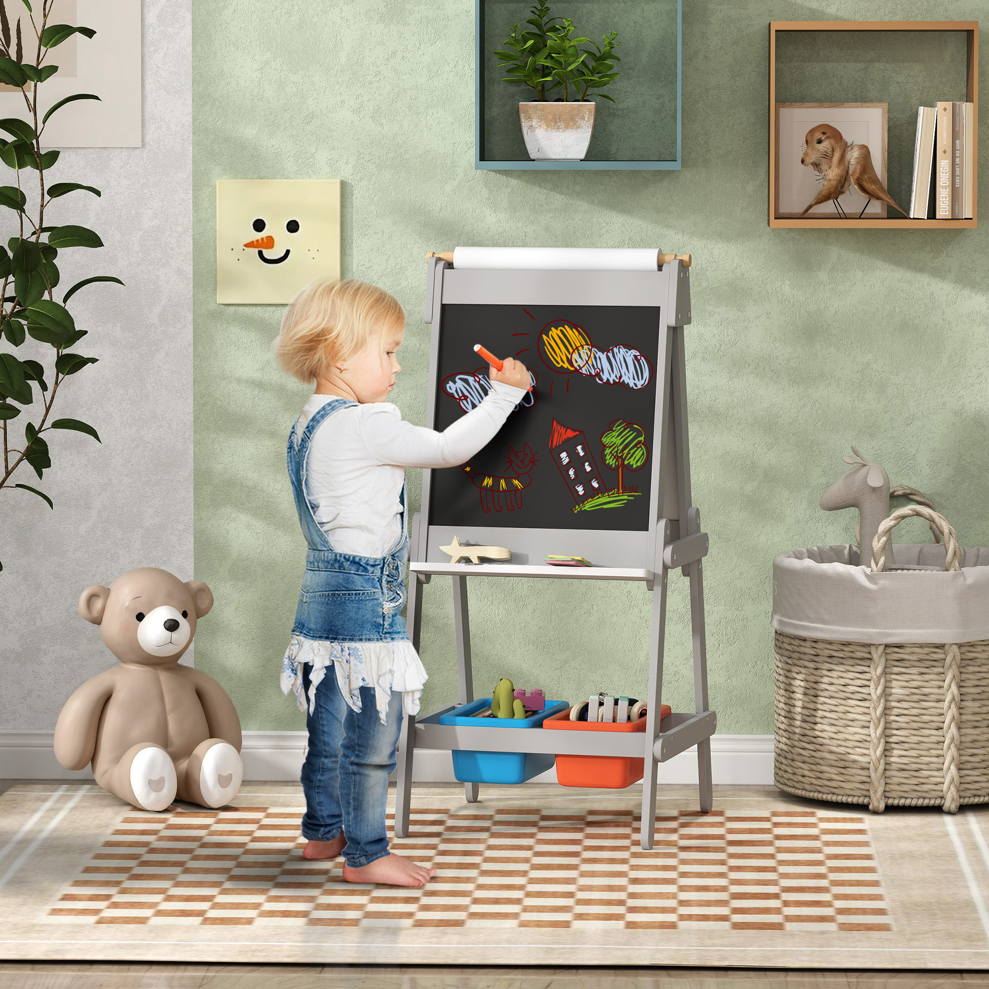 Doppelseitige Kindermalstaffelei mit Papierrolle, Kreidetafel, Whiteboard, 3-in-1-Design, zum Zeichnen und Malen