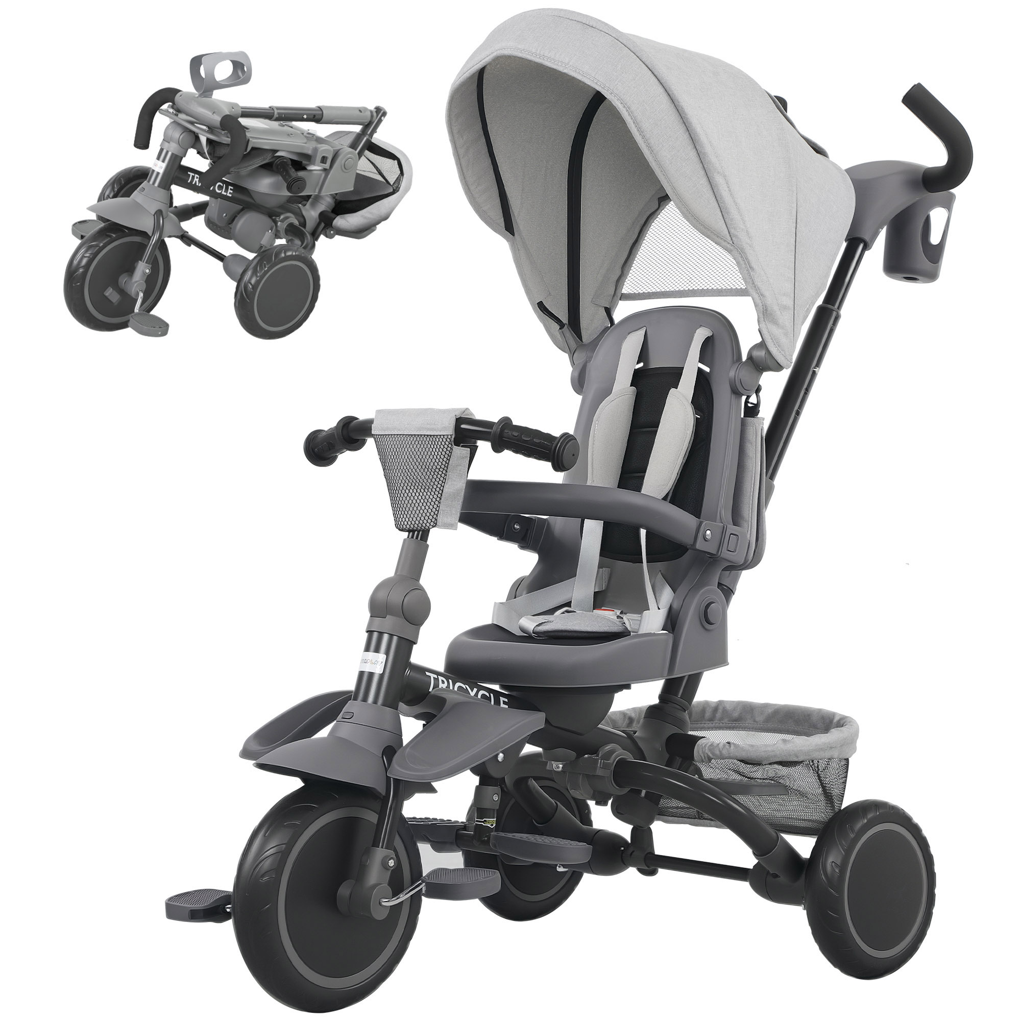 Kinderdreirad, 6-in-1 Buggy für Kleinkinder, mit Schiebegriff, verstellbarer Sitz, faltbares Design, Sicherheitsnetz, Grau
