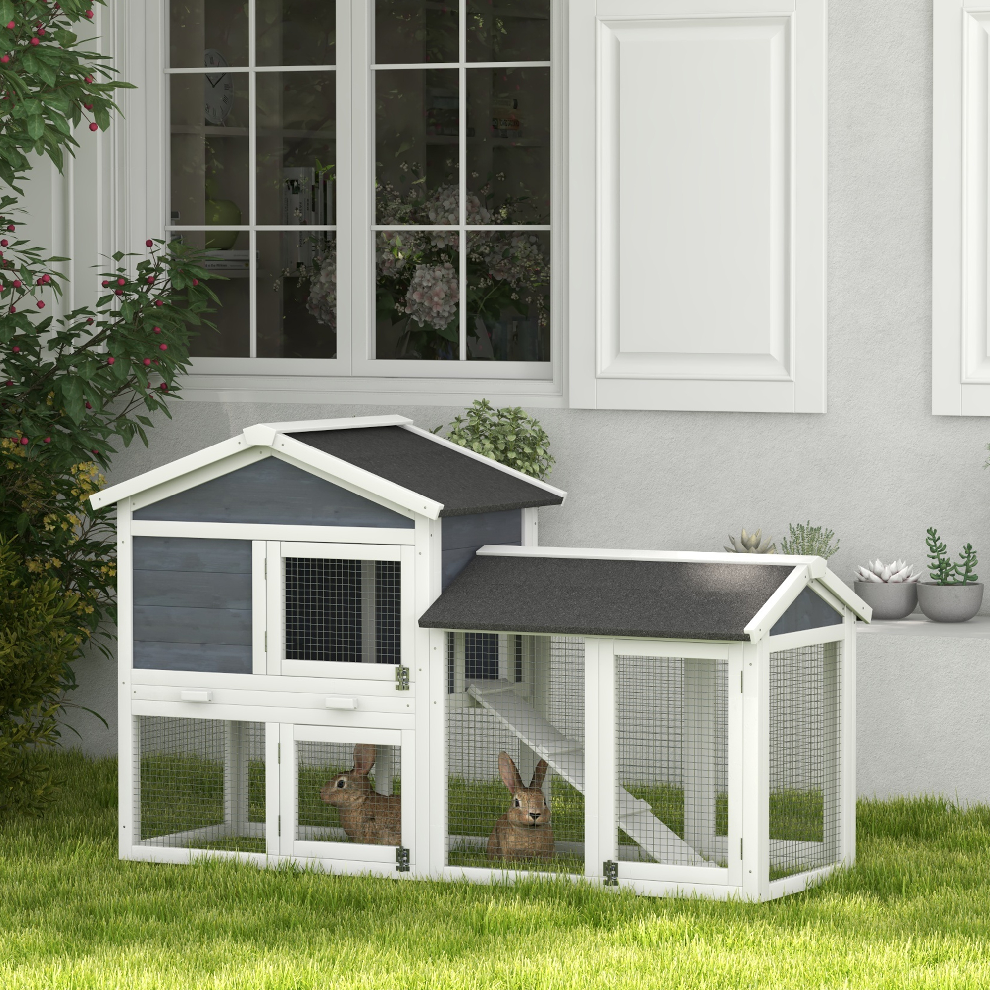 Kleintierstall mit Freilauf, Tannenholz, 147 x 54 x 84 cm, Grau