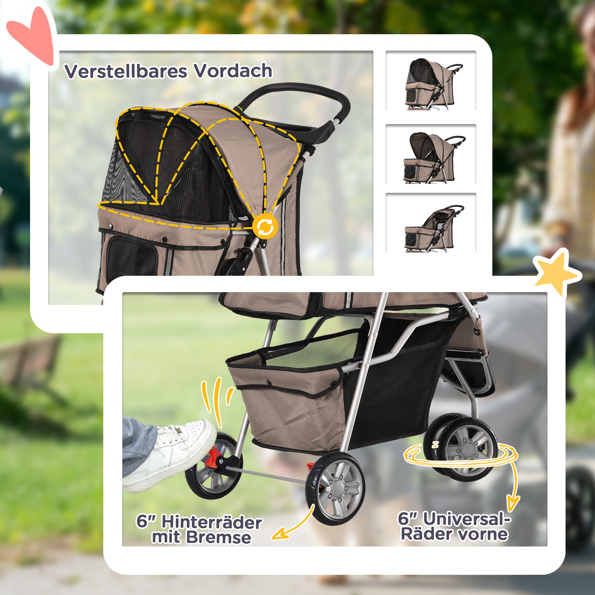 Hundebuggy Hundewagen bis 10 kg Klappbar Bodenkorb 2 Becherhalter verstellbares Vordach Kaffeebraun