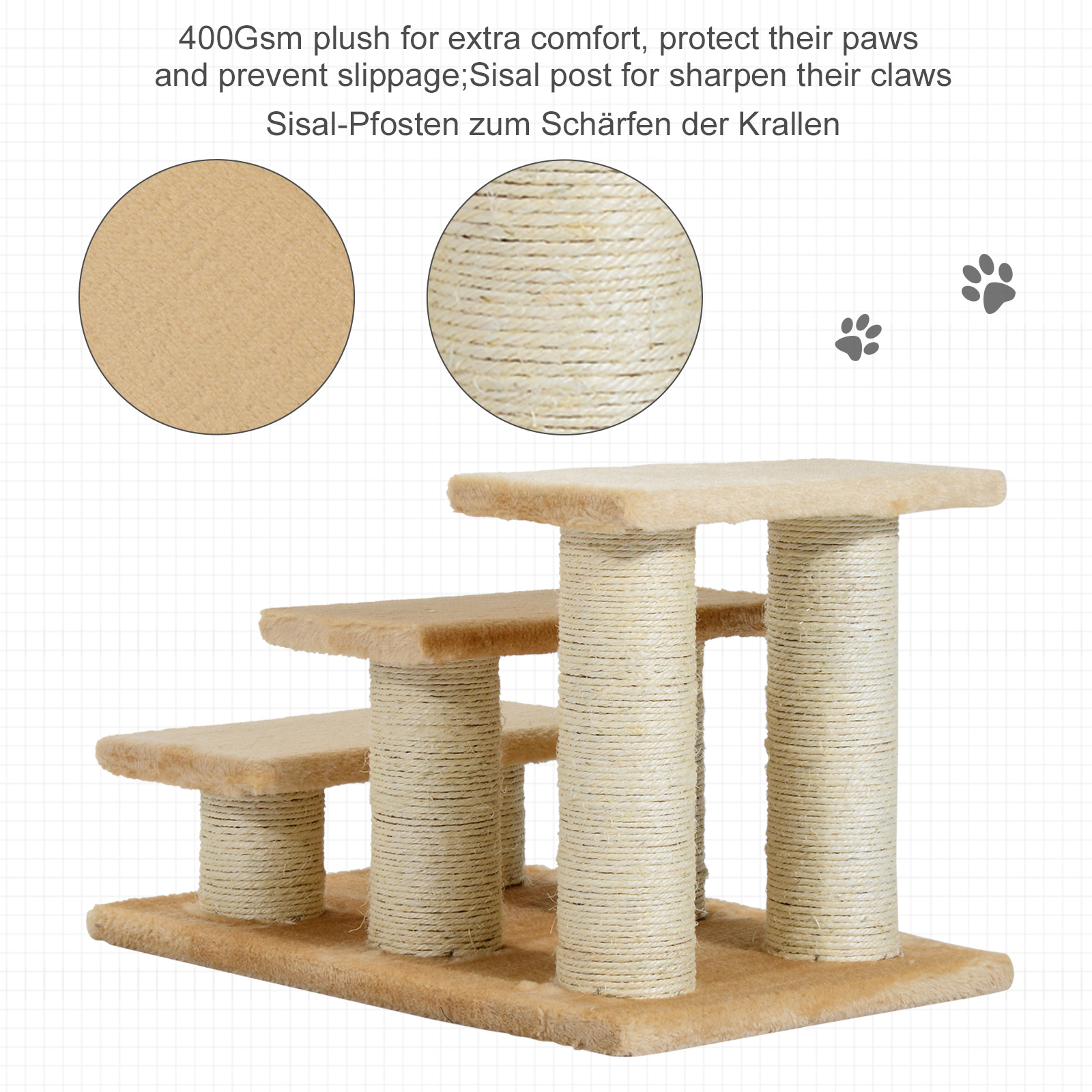 Tiertreppe Katzentreppe Hundetreppe 3 Stufen Treppe für Katze und Hunde Plüsch Creme 45 x 35 x 34 cm