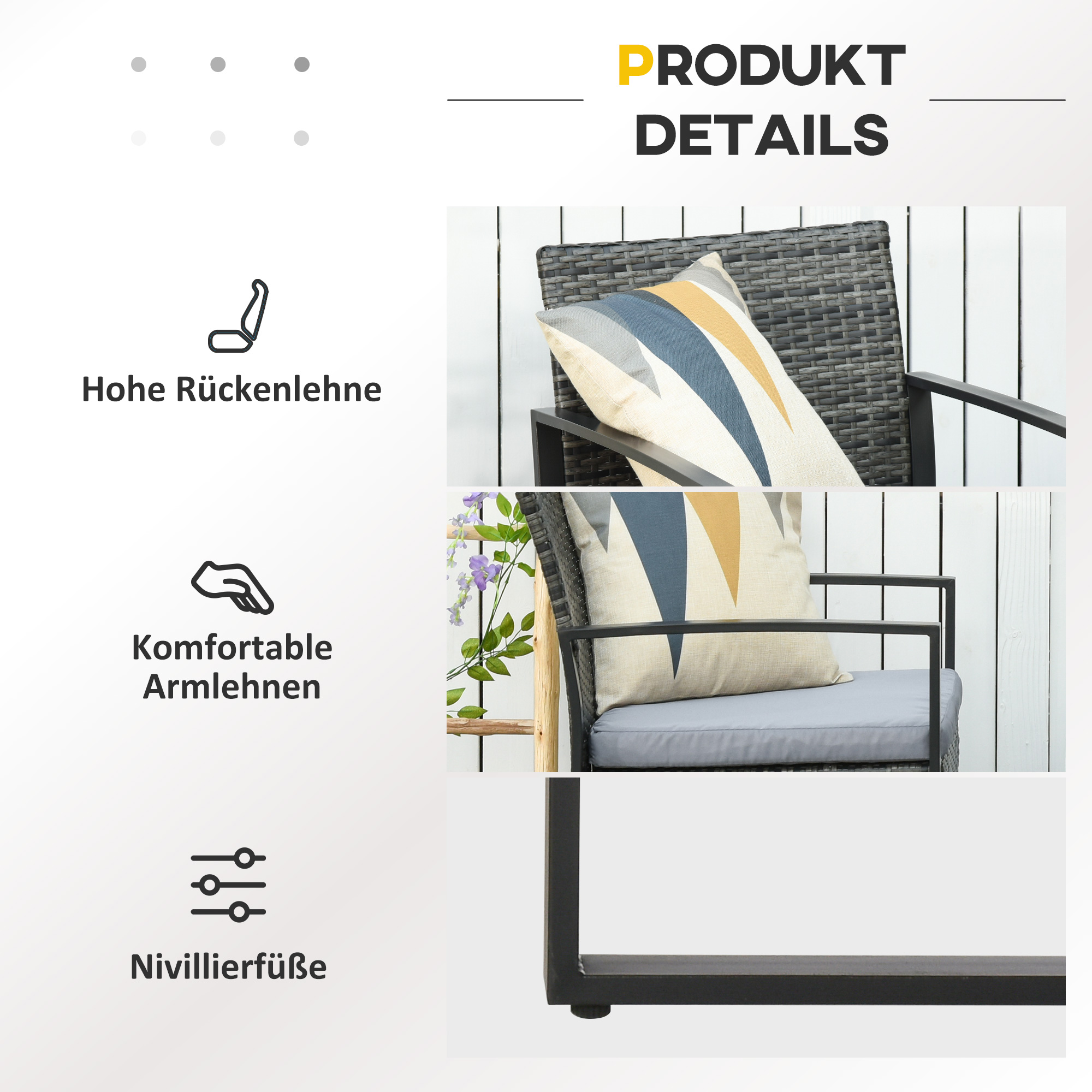 Rattan Gartenmöbel Set für 2 Personen Polyrattan Gartenmöbel Set  Balkonmöbel Set mit Kissen Garten Grau