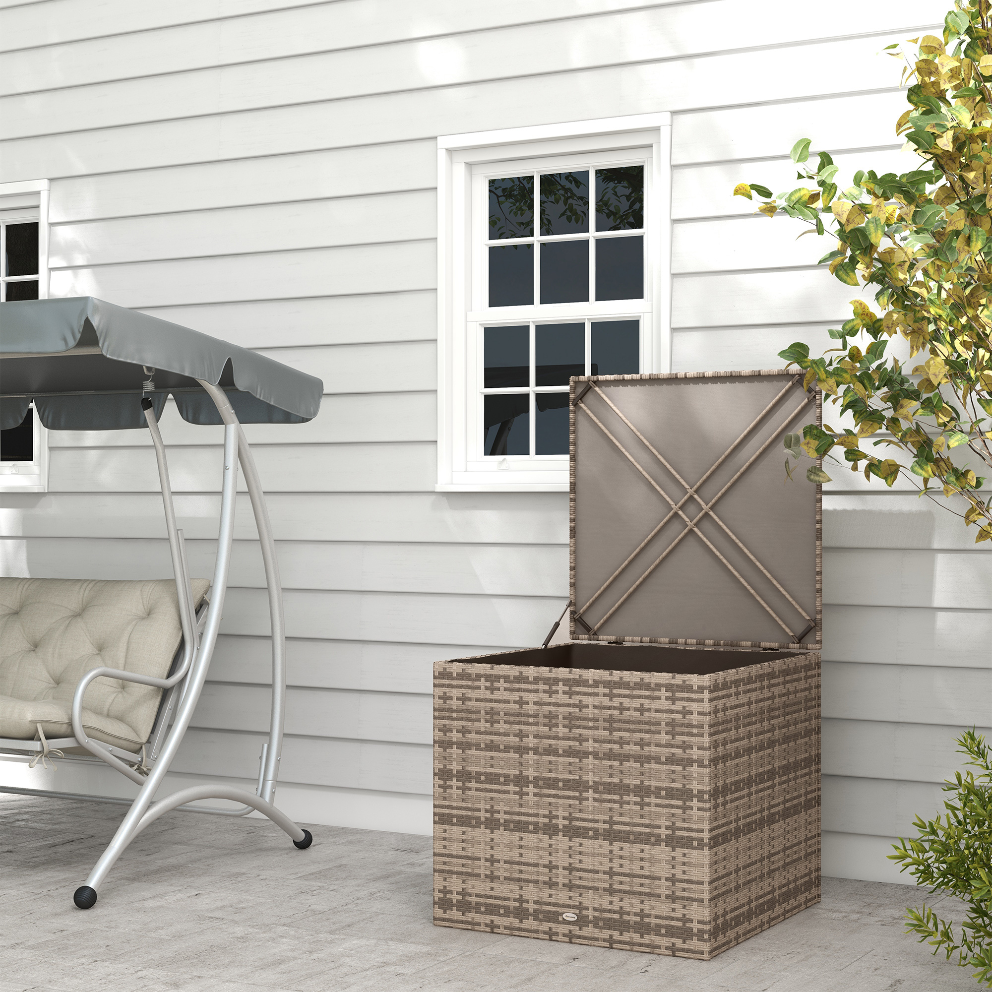 Polyrattan Auflagenbox, Stoff-Innenauskleidung, leichtes Öffnen/Schließen, Metallrahmen, 75B x 75T x 70H cm, Schwarz
