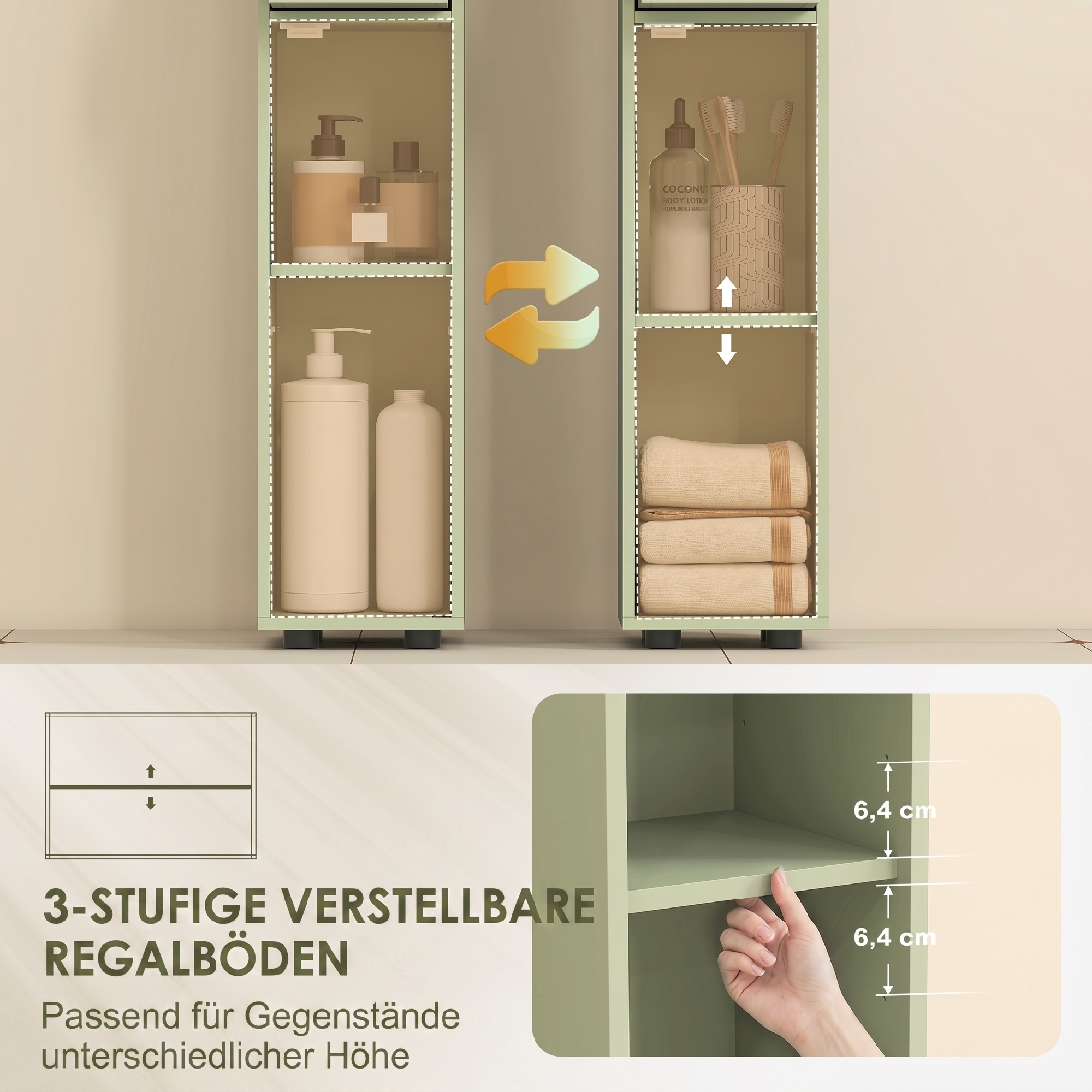 Badezimmerschrank schmal mit Schublade und 4 offenen Fächern für kleine Räume 20 x 20 x 180 cm Grün