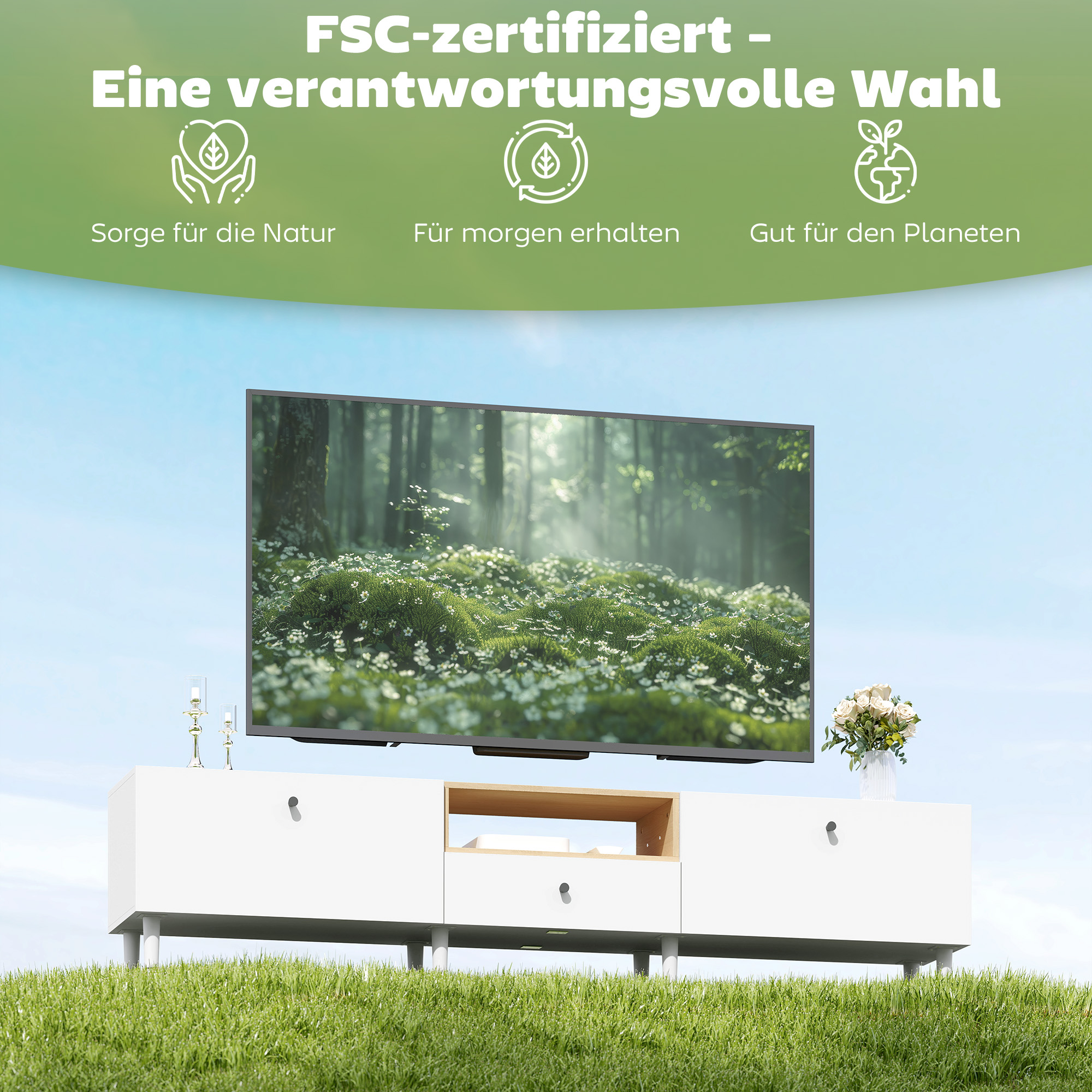 200 cm TV-Kommode für Fernseher bis zu 90 Zoll, 2 Klappenfächer, offenes Fach, Schublade, 8 Beine, Spanplatte, Weiß