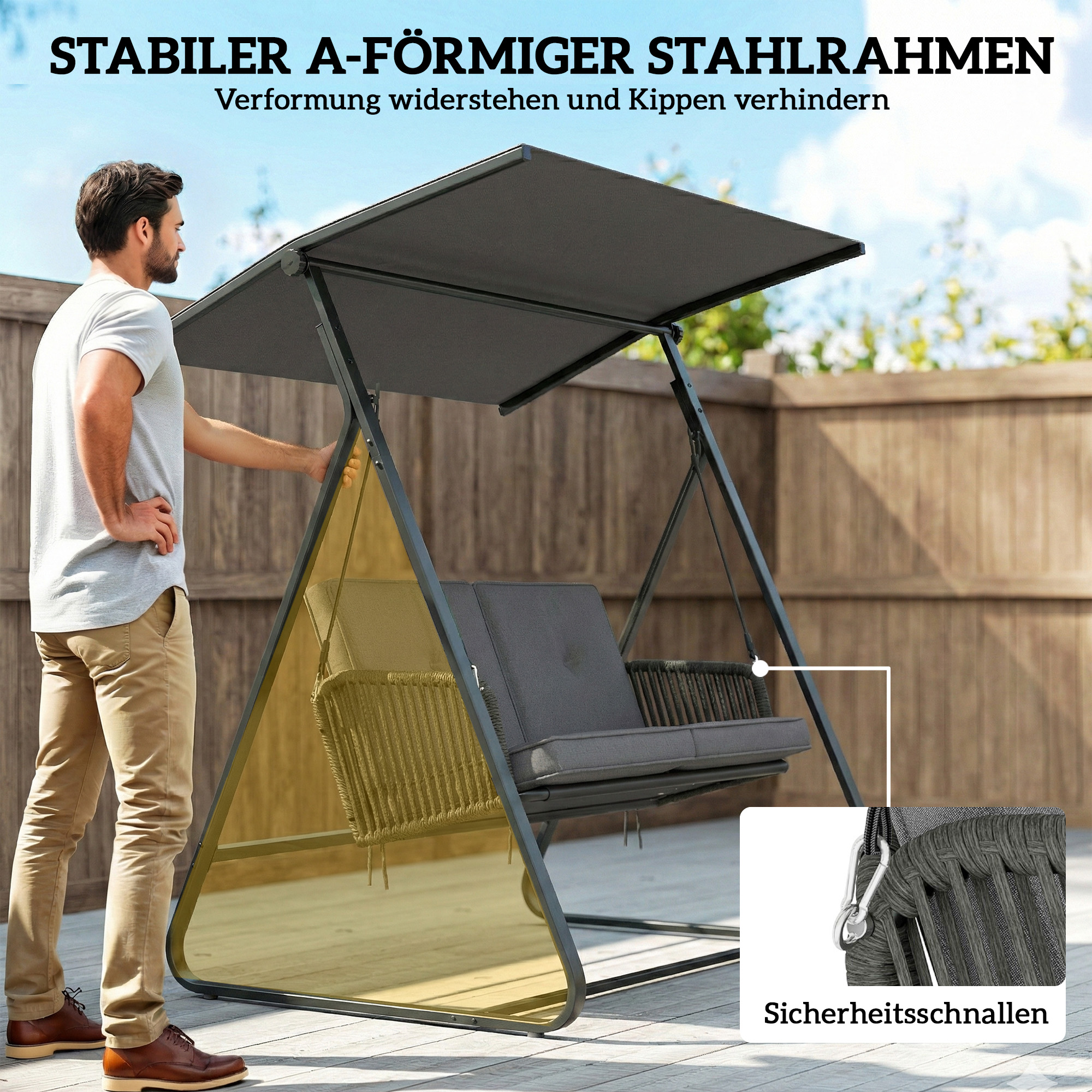 Hollywoodschaukel Rattan 2-Sitzer Gartenschaukel mit Verstellbarem Sonnendach weichem Kissen A-Rahmen