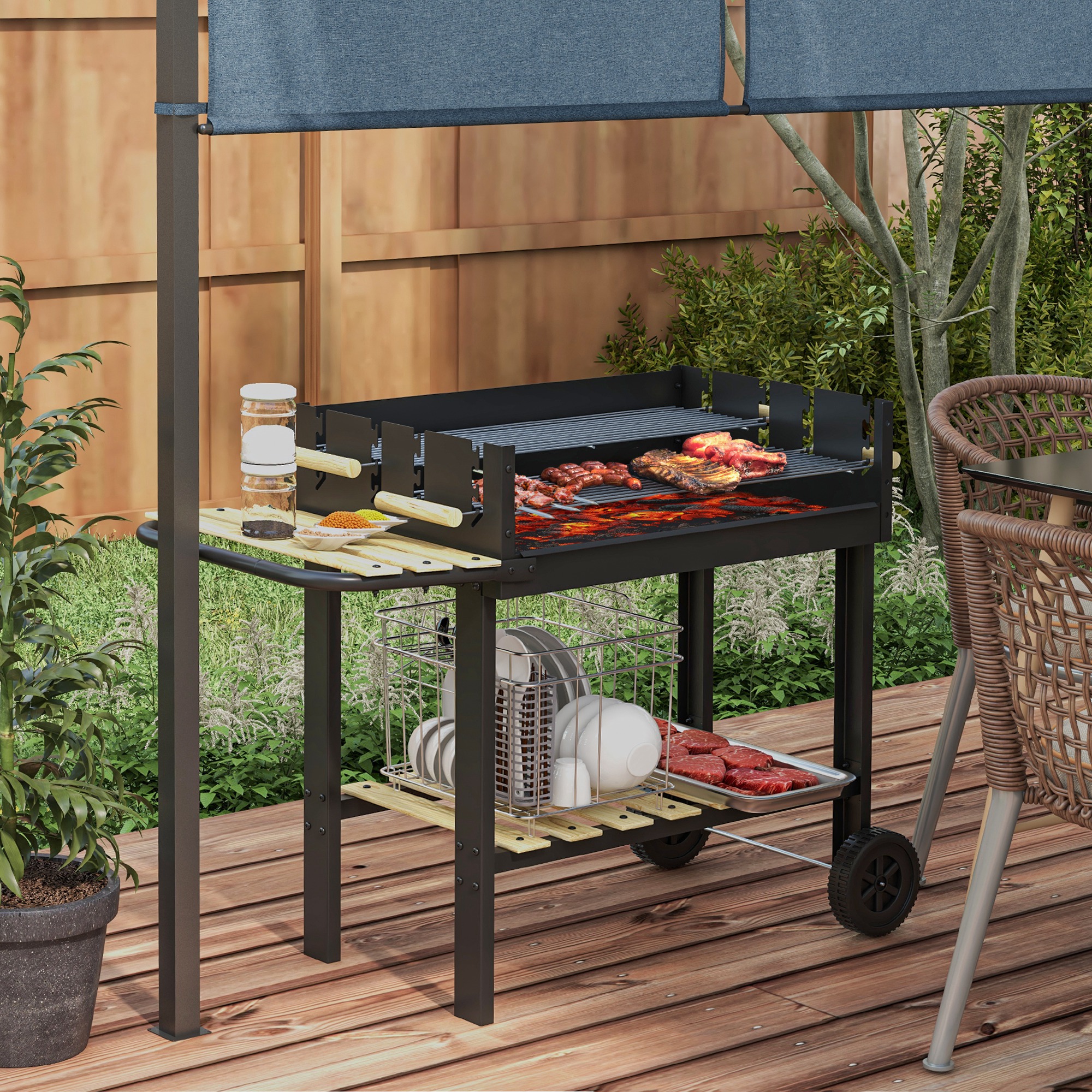 Kohlegrill, Grillwagen, 2 Grillflächen, 2 Räder, Griffe, Ablagen, 113 x 53,5 x 82,5 cm, Schwarz