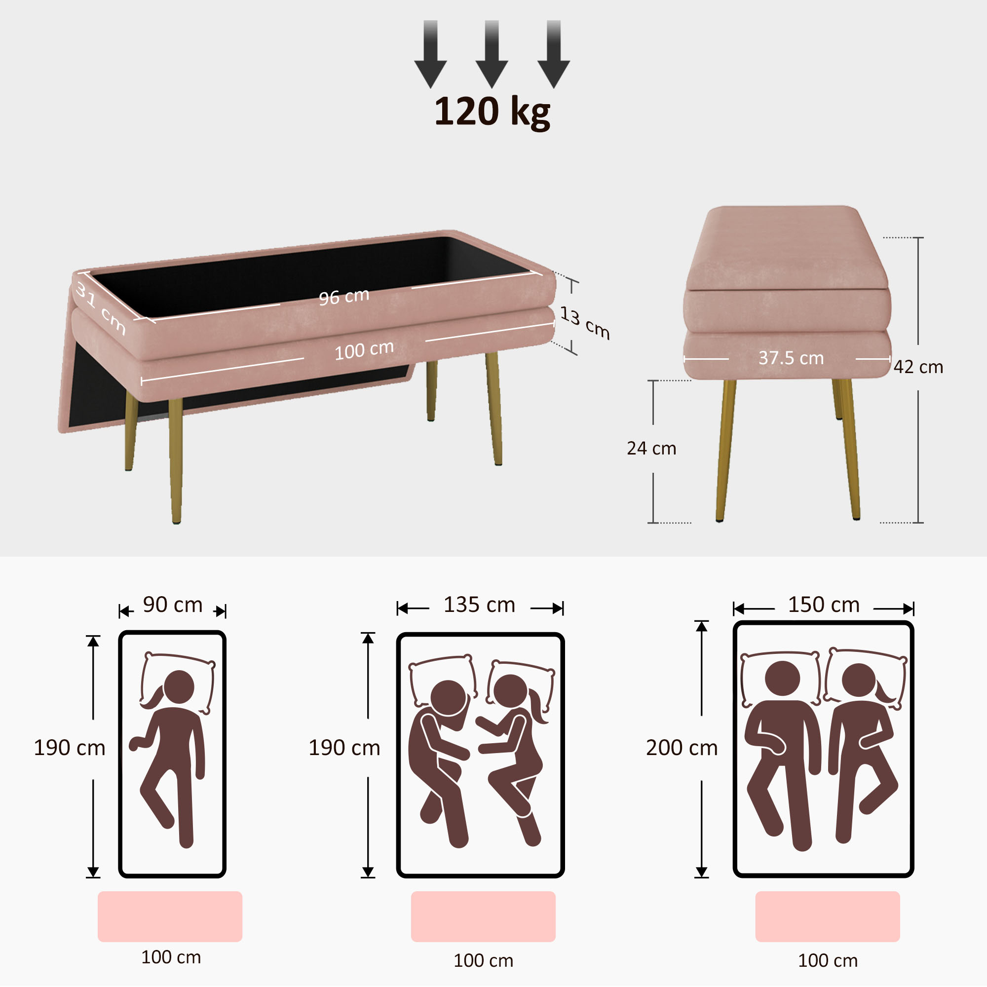 Sitzbank Polsterbank, mit Stauraum, Stahl, 100 x 37,5 x 42 cm, Rosa