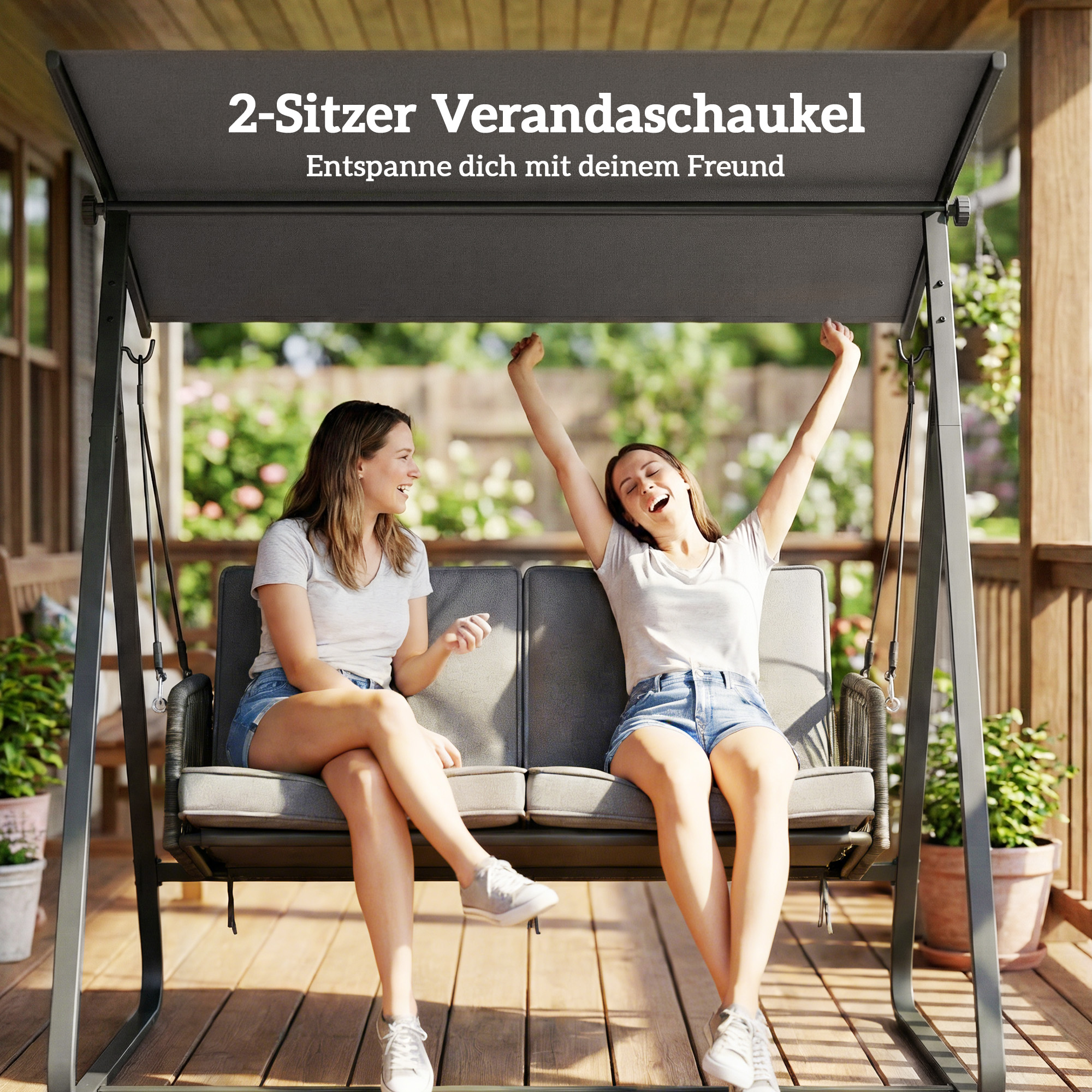 Hollywoodschaukel Rattan 2-Sitzer Gartenschaukel mit Verstellbarem Sonnendach weichem Kissen A-Rahmen