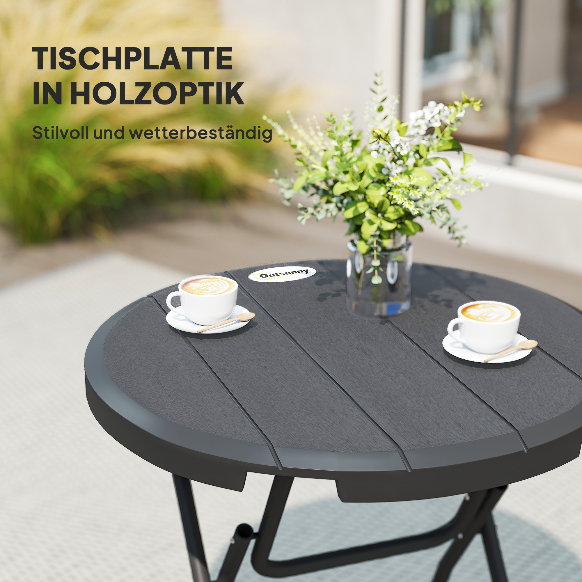 Gartentisch, rund, klappbar, für 4 Personen, Holzoptik, Stahl+Kunststoff, dunkelgrau, 80 x 80 x 73 cm