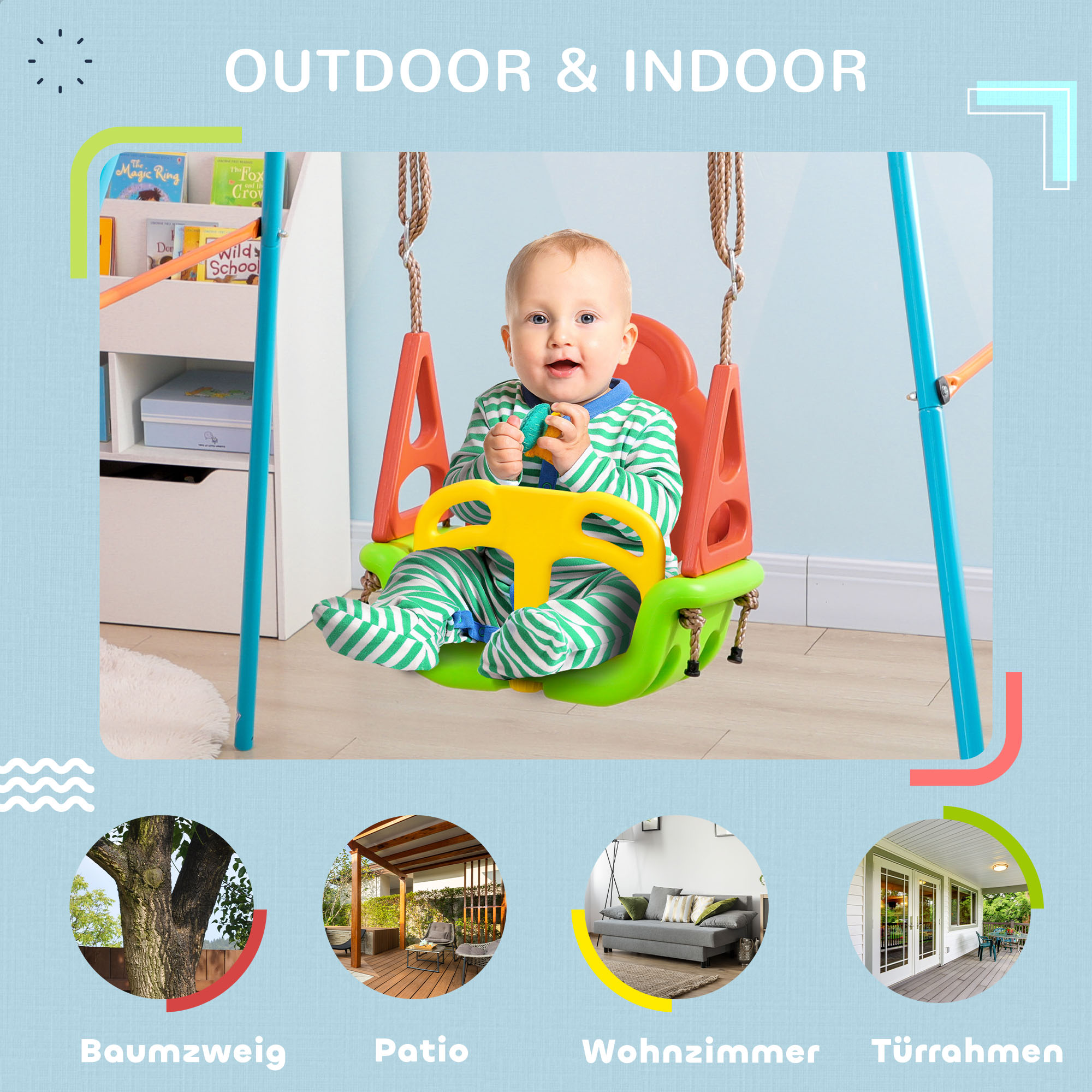 3-in-1 Babyschaukel, Sicherheitsgurt, längenverstellbare Seile, für In- und Outdoor, grün, 48 x 34 x 180 cm