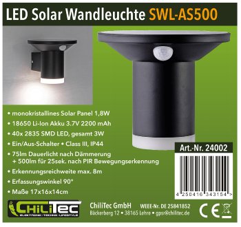 LED Solar Wandleuchte "SWL-AS500", IP44, warmweiß 3000K, PIR Sensor