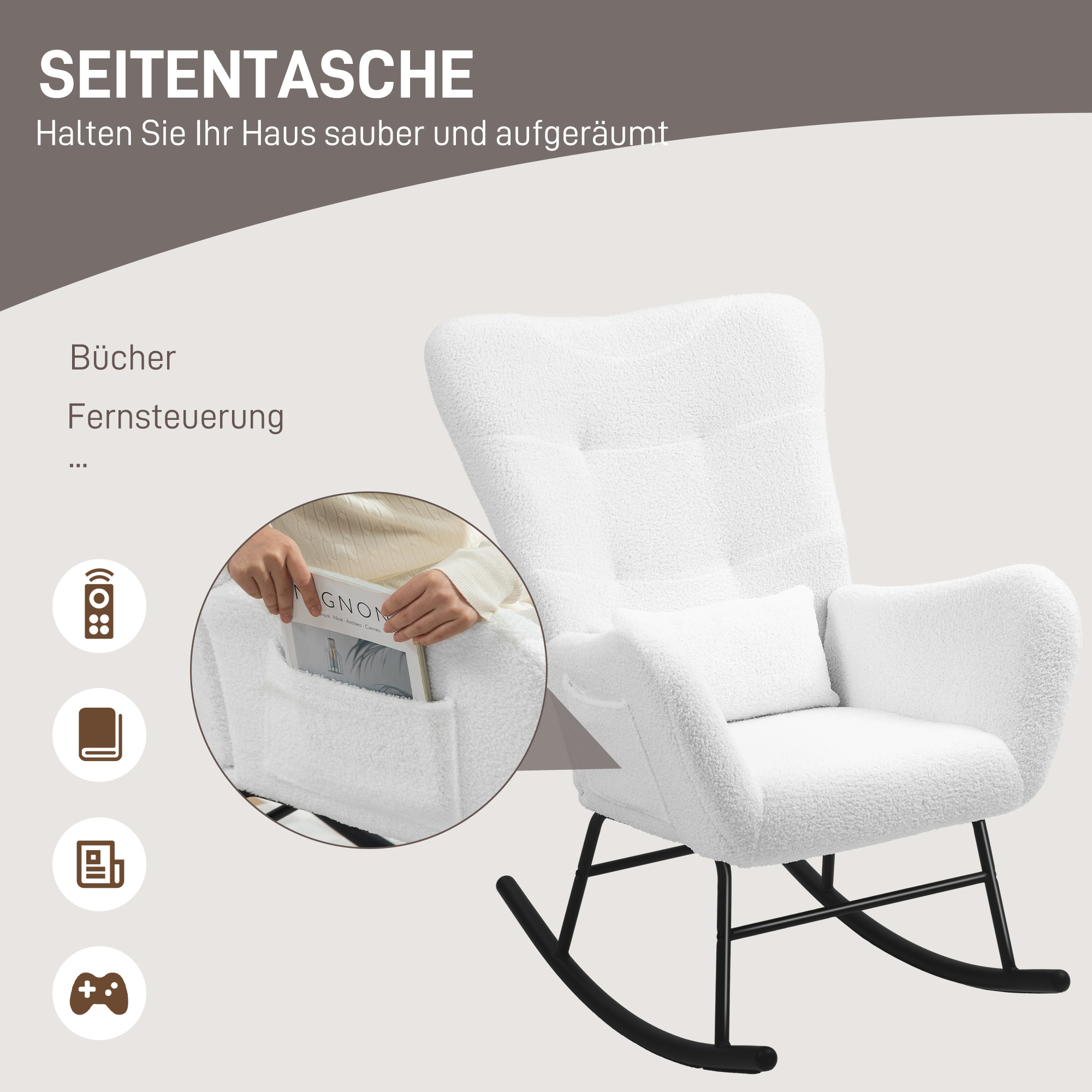 Schaukelstuhl, flauschiger Bezug, Lendenkissen, rutschfest, bis 120 kg, Weiß